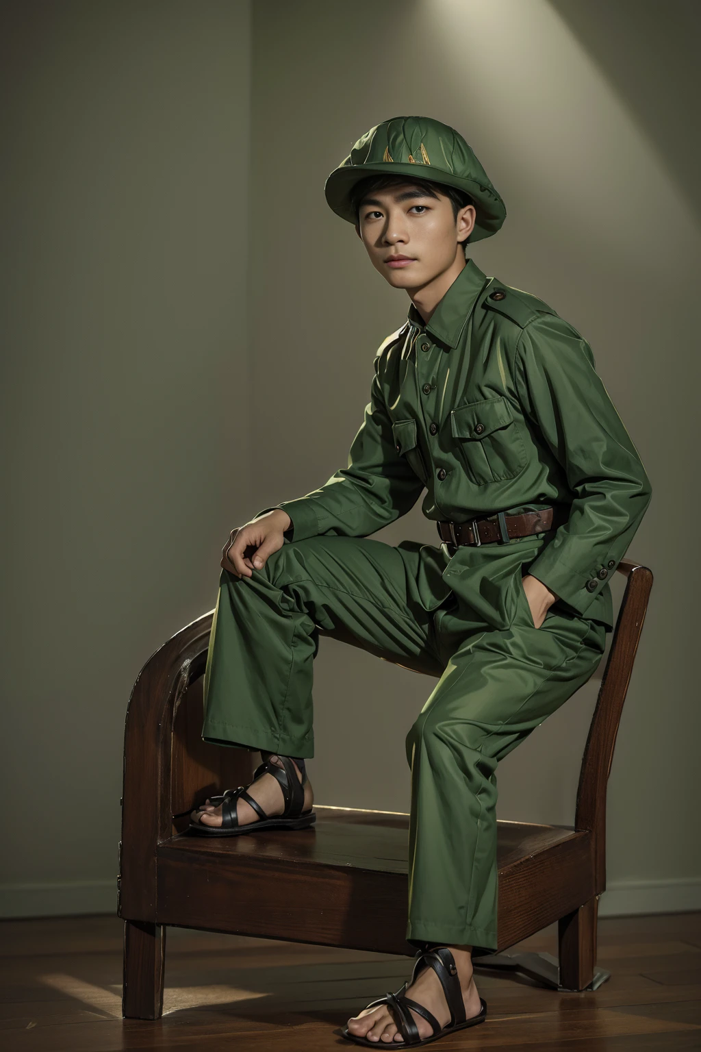 Highly realistic photo, ((masterpiece), (best quality), (raw photo), (photorealistic:1.4),A young vietnamese man is seated on a wooden bench, ((wearing a light green uniform)) with a matching hat. The uniform has buttoned pockets on the chest and a black belt around the waist. He is also wearing black sandals. The dark background, drawing attention to his attire and relaxed posture. , photo taken by Sony A7IV
