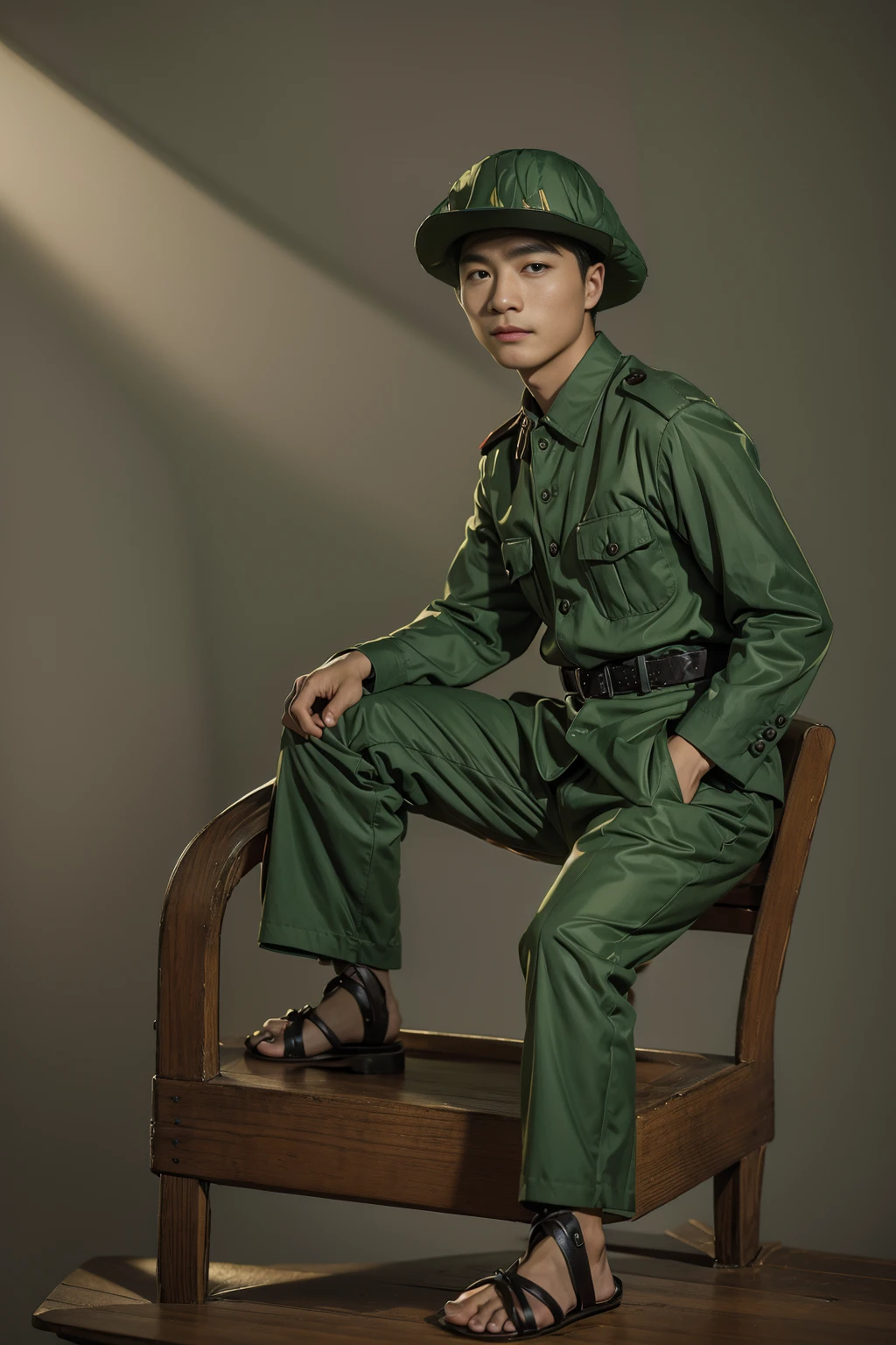 Highly realistic photo, ((masterpiece), (best quality), (raw photo), (photorealistic:1.4),A young vietnamese man is seated on a wooden bench, ((wearing a light green uniform)) with a matching hat. The uniform has buttoned pockets on the chest and a black belt around the waist. He is also wearing black sandals. The dark background, drawing attention to his attire and relaxed posture. , photo taken by Sony A7IV
