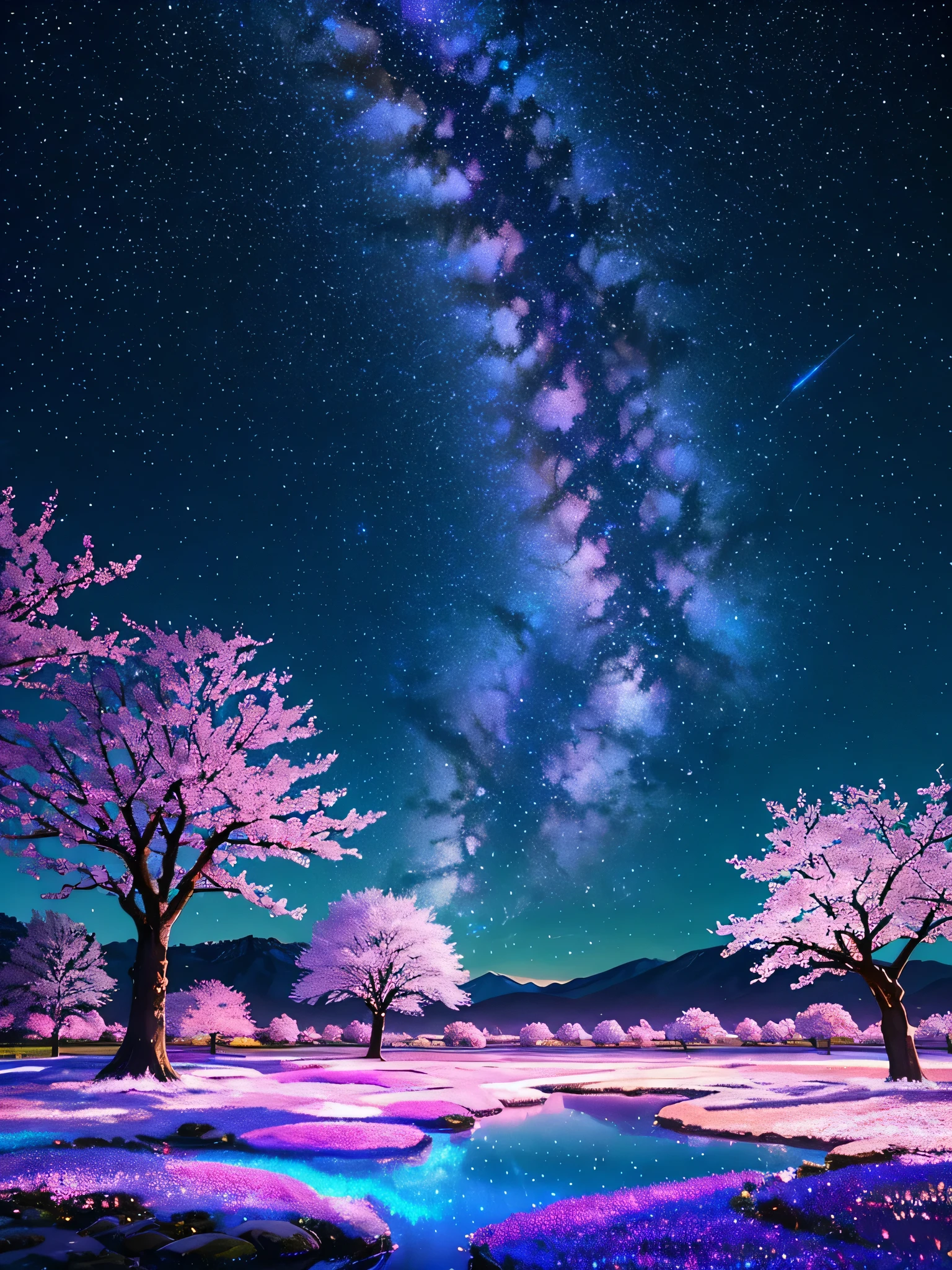 surely, The prompt for this image is, 「A fantastic landscape of cherry blossoms at night with the backdrop of the brightly shining universe」. The scene is filled with a bright atmosphere, Highly saturated colors that emphasize the vividness of cherry blossoms and celestial bodies. the stars twinkle more intensely, and the Milky Way is painted in brighter shades of blue and purple, The entire scene glows with an otherworldly glow. Even the petals are infused with delicate rainbow colors., Creates a fantastical atmosphere as if the tree is bathed in starlight..」