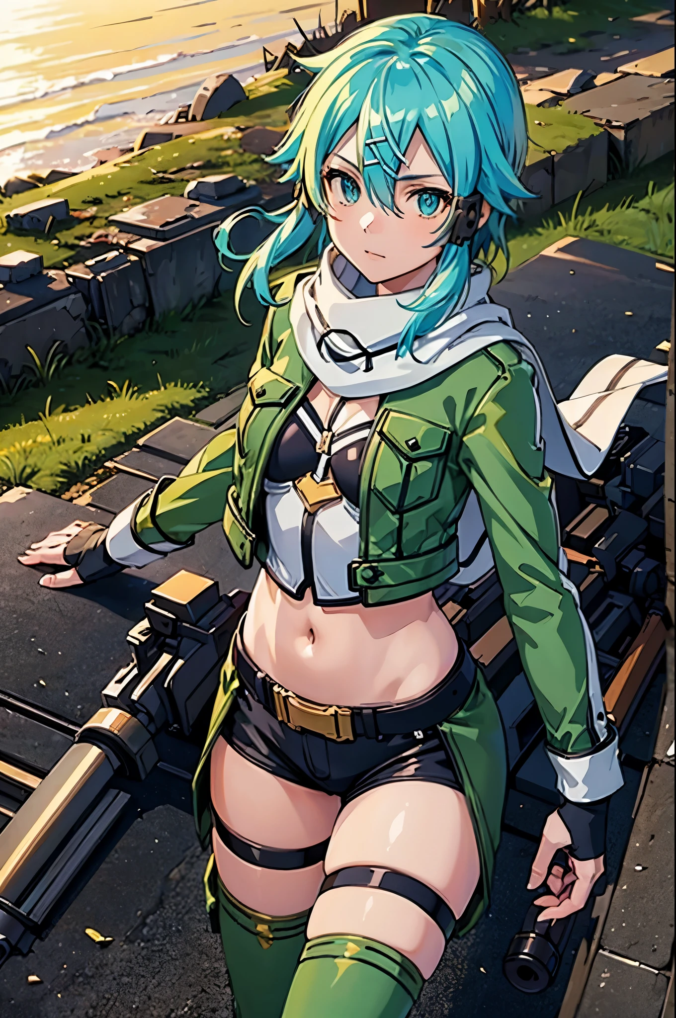(masterpiece), best quality, expressive eyes, perfect face, highres, sinon1, scarf, fingerless gloves, long sleeves, short shorts,groin, hair ornament, hairclip, green thighhighs, green jacket,covered_nipples, thigh strap, field, sunset_ruins_landscape_background, ruined structures, dynamic_posing, looking at the viewer, (from above:1.2),covered_navel,
