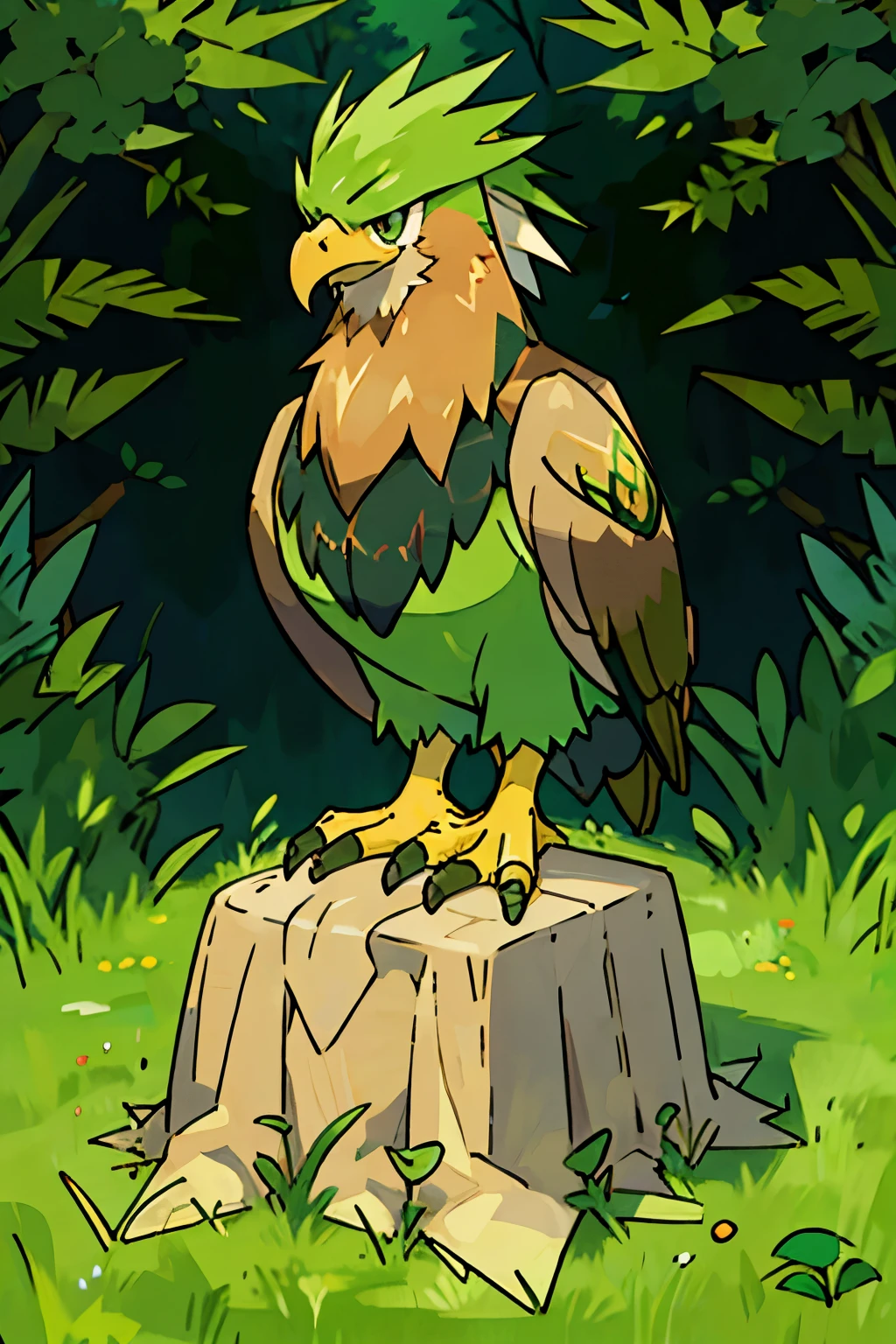 detailed anime style, cute green eagle, chibi style, entirely green, cute, sitting on grass, lush green forest