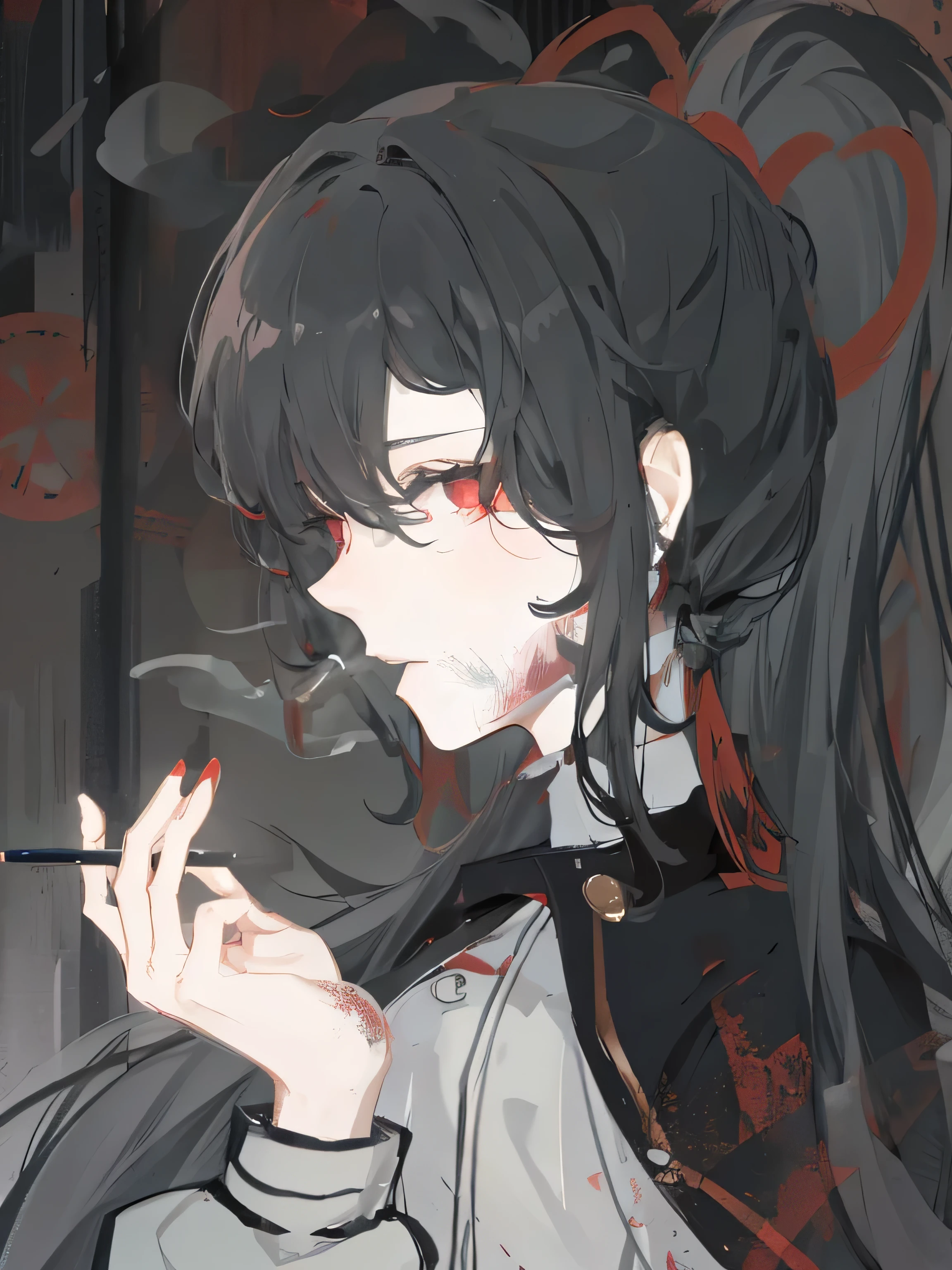 Black hair,Red eyes,Profile,Cool sister,Smoking,Glancing at the camera