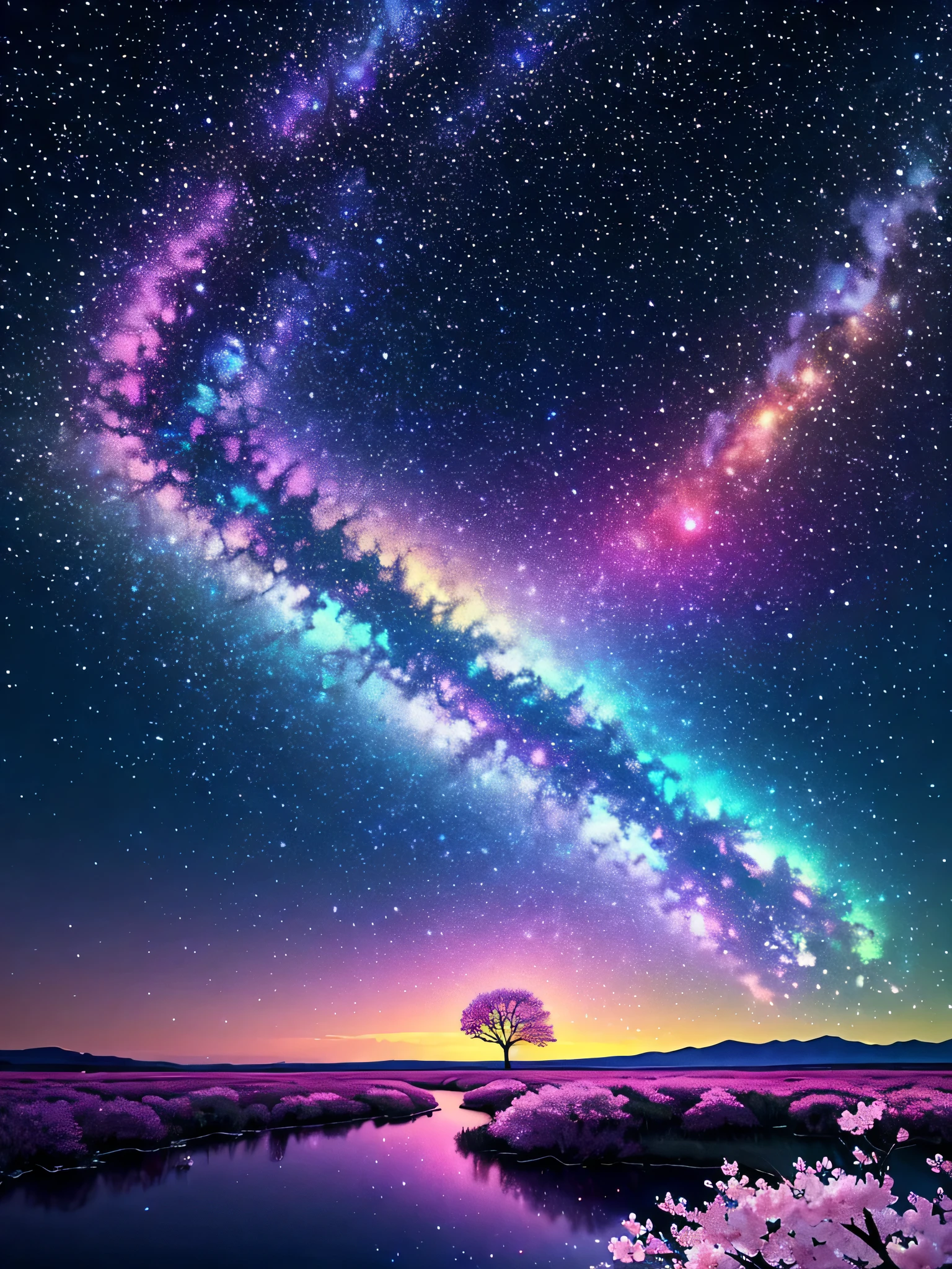 surely, The prompt for this image is, 「A fantastic landscape of cherry blossoms at night with the backdrop of the brightly shining universe」. The scene is filled with a bright atmosphere, Highly saturated colors that emphasize the vividness of cherry blossoms and celestial bodies. the stars twinkle more intensely, and the Milky Way is painted in brighter shades of blue and purple, The entire scene glows with an otherworldly glow. Even the petals are infused with delicate rainbow colors., Creates a fantastical atmosphere as if the tree is bathed in starlight..」