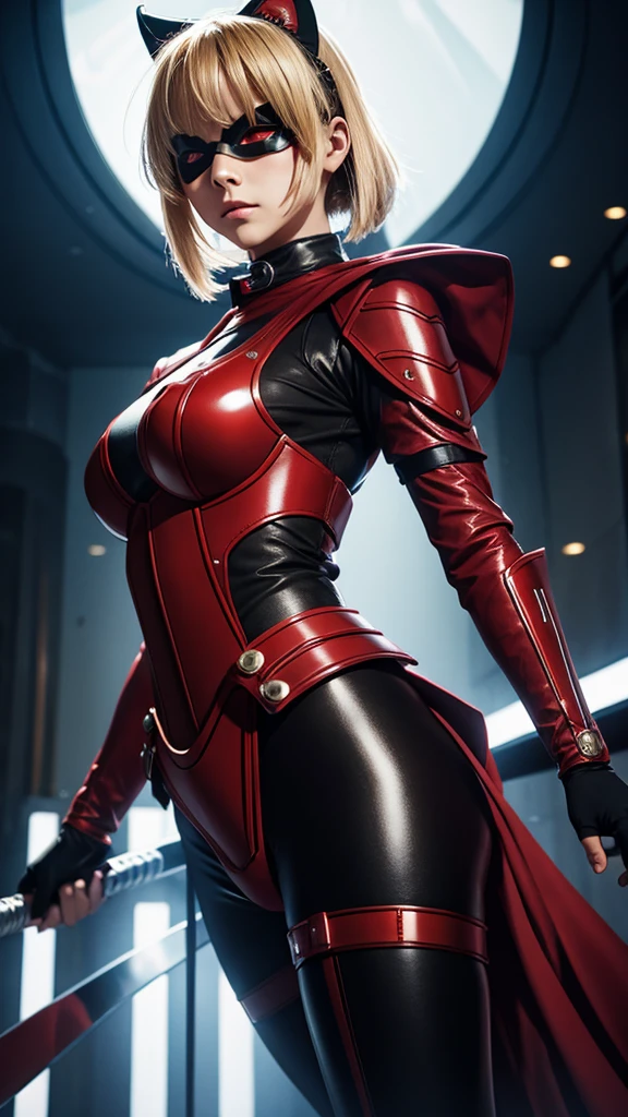 malay girl , modern plain hijab, shy, medium portrait shot , watery eyes , light glowing particles, wear Kamen Rider black red, small breast, visible cleavage, visible thigh, the toll road background, proportional body