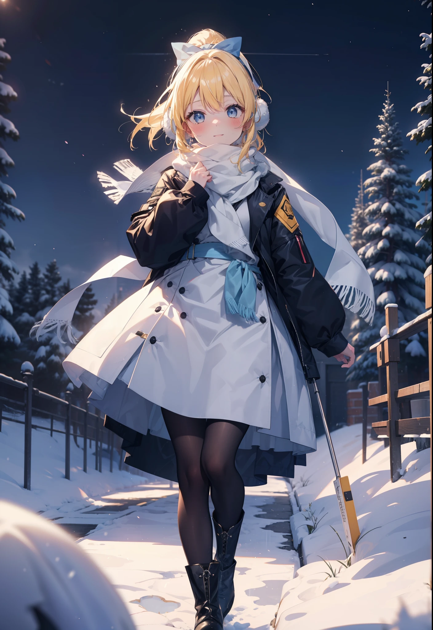 Eliase, catalyst, Yellow Hair, blue eyes, Hair Ribbon,ponytail,Earmuffs,smile,blush,Open your mouth,White Breath,White scarf,Light blue long coat,White long skirt,Black pantyhose,short boots,Walking,snowが降っている,snowが積もっている,snow,snow,snow,night,whole bodyがイラストに入るように,
break looking at viewer,whole body,
break outdoors,Residential Street,
break (masterpiece:1.2), Highest quality, High resolution, unity 8k wallpaper, (figure:0.8), (Beautiful attention to detail:1.6), Highly detailed face, Perfect lighting, Highly detailed CG, (Perfect hands, Perfect Anatomy),