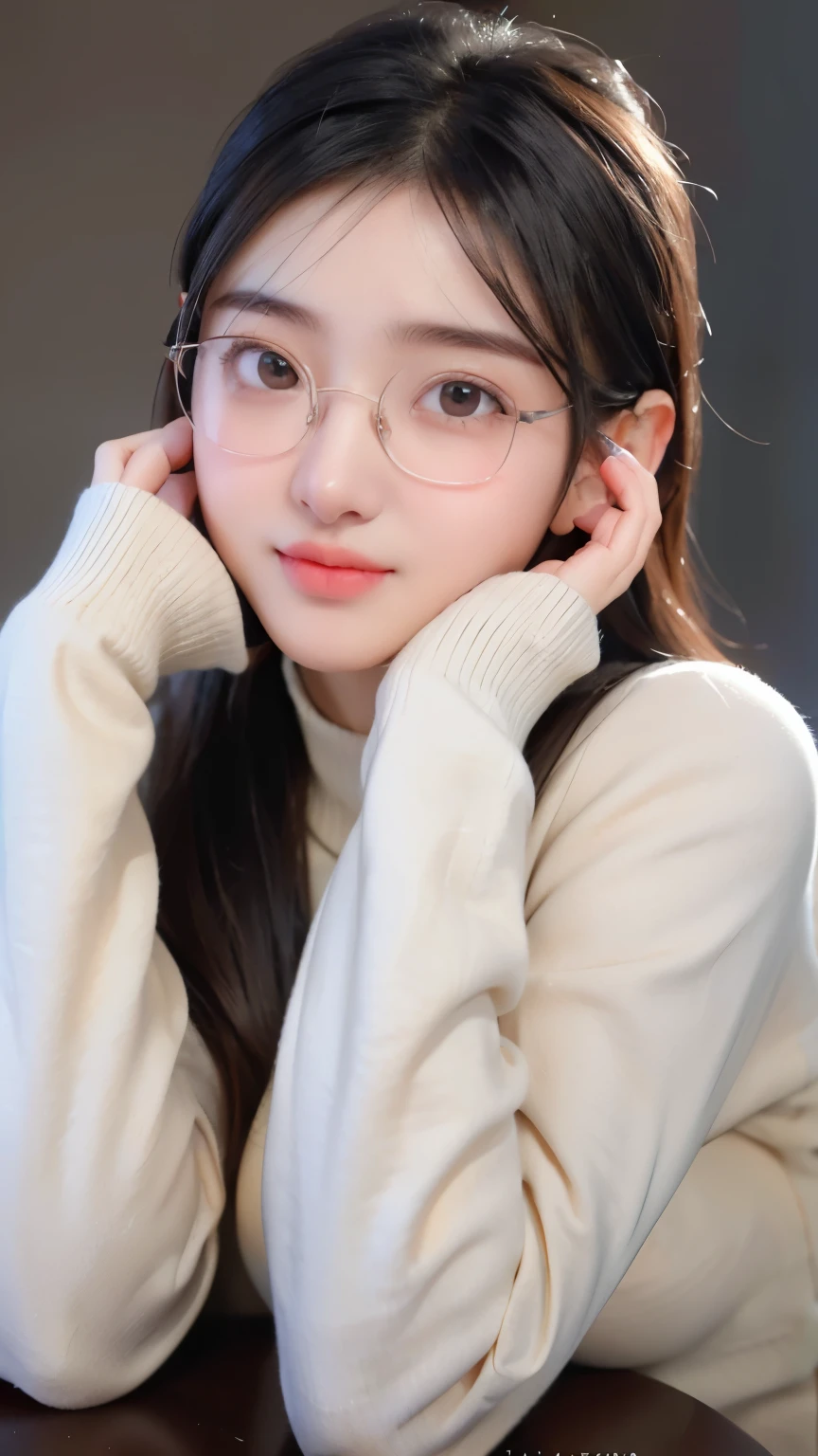 a 20 yo woman,hijab, soft cream sweater, dark theme, soothing tones, muted colors, high contrast, (natural skin texture, hyperrealism, soft light, sharp), simple background, smile, natural beauty, glossy lips, (((rounded eye glasses)))