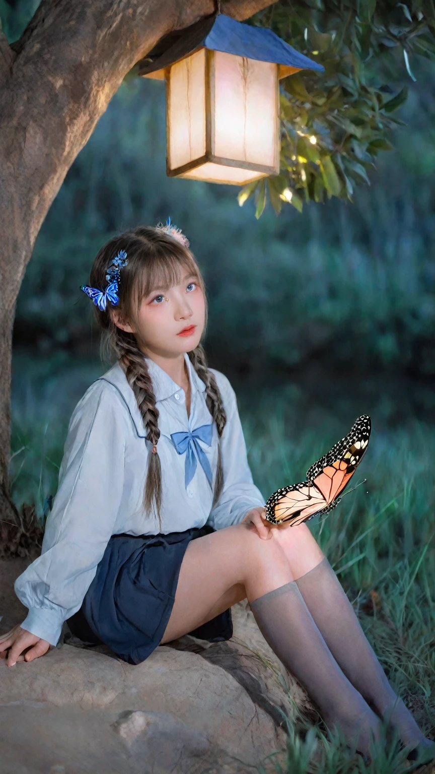 asian girl,5 years hair,blue eyes,flower,bug,black thighhighs,hair ornament,outdoors,nature,long sleeves,skirt,forest,night,hair flower,butterfly,bangs,tree,sitting,holding,lantern,blush,braid,closed mouth,blue flower,glowing,shirt,grey skirt,squatting,grey hair,sidelocks,fireflies,