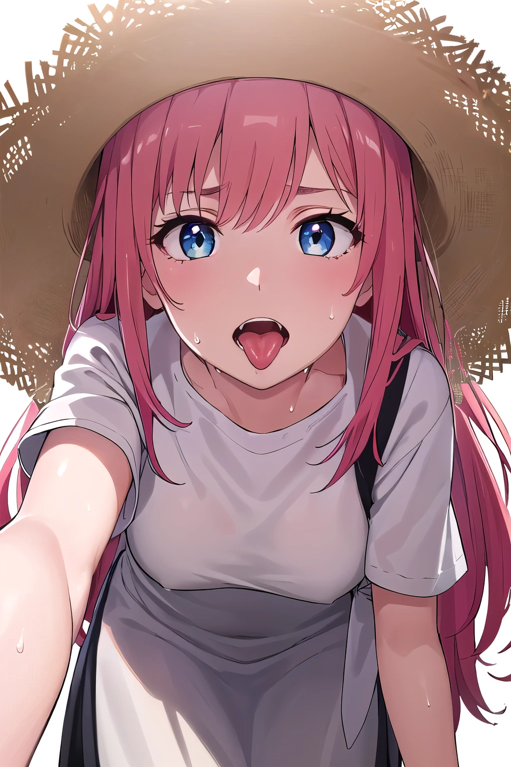 (8K, top-quality, masterpiece:1.2), (reallistic, Photorealsitic:1.37), Super Detail, One girl,), (Highly detailed), (beautifully detailed eyes), (of the highest quality), (super detailed ), (masterpiece), (Detailed face),20yr old, ,1 girl, ((pink hair,long hair)), medium breasts, clothed, Perfect Lighting, BREAK, (gray glossy tight dress:1.5), (long skirt:1.3), (embroidered hem:1.2), (Black high-gloss tights: 1.3), (white sandals:1.2), (straw hat:1.5), (white ribbon:1.3), (summer:1.4), (lightweight fabric:1.2), BRAKE, (upper body to thighs:1.2), (long pink hair:1.3), (gentle smile:1.2), (face slightly up:1.2), (holding a straw hat:1.2), (white background:1.2), BRAKE (sweat:1.5), (steam:1.2), (girl trembling with sexual climax:1.1), (looking at viewer:1.3), (open mouth, long tongue, tongue out:1.2),