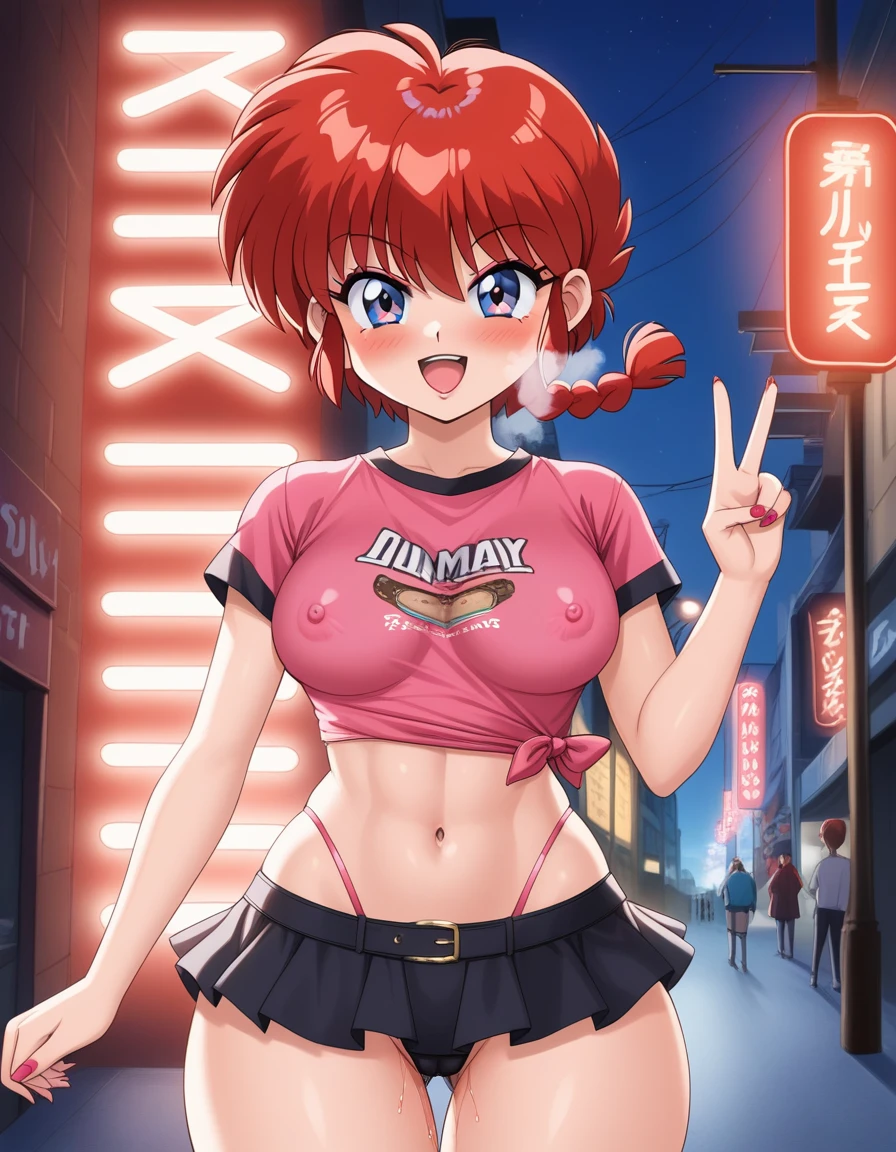 1girl, background, (ranma-chan), blush, red hair, medium breasts, tomboy, one short pigtail, nighttime, hot breath, open mouth, dimmed lighting, standing, city, big ass, wide hips, toned body, wearing slutty prostitute outfit, micro skirt, midriff, prostitute, purple eyeshadow, (detailed fingers), thong peek, tight pink latex top, no bra, 5 fingers, red light, neon light billboards, red-light district, nipple bulge in shirt, pussy juice, (artist: conder)