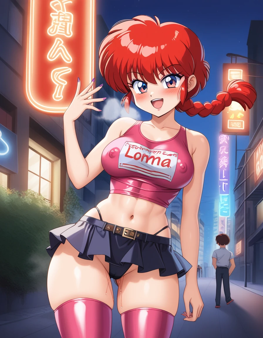 1girl, background, (ranma-chan), blush, red hair, medium breasts, tomboy, one short pigtail, nighttime, hot breath, open mouth, dimmed lighting, standing, city, big ass, wide hips, toned body, wearing slutty prostitute outfit, micro skirt, midriff, prostitute, purple eyeshadow, (detailed fingers), thong peek, tight pink latex top, no bra, 5 fingers, red light, neon light billboards, red-light district, nipple bulge in shirt, pussy juice, (artist: conder)