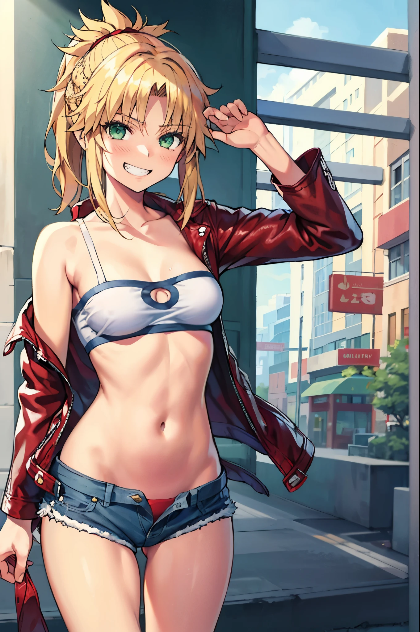 Masterpiece, Best Quality, illustration, city street, 1girl, Mordred \(fate\), cowboy shot, collarbone, Detailed blond hair ponytail braid, green eyes, Red leather jacket, White short blouse, denim shorts,navel,thigh-high,grin, covered_pussy,skiny