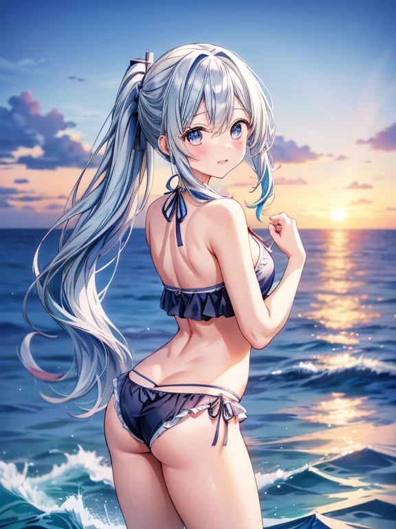 Ocean、You can see the lighthouse in the distance、One girl、Long Hair、Blue Hair、ponytail、Ruffled bikini、⦅少女はOceanに入っている、Look back and laugh、A large cumulonimbus cloud behind the girl⦆