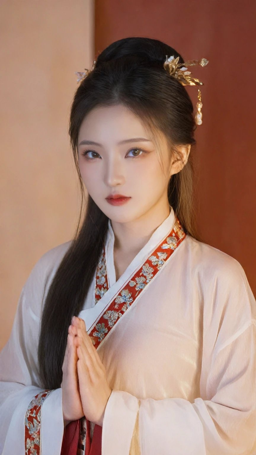 asian women,20 years old,sharp focus,Perfect eyes,high quality,prefect face,looking at viewer,perfect studio lighting,warm color palette,(natural skin texture:1.2),light makeup,standing pose,Chinese clothes,traditional,hanfu,dress,