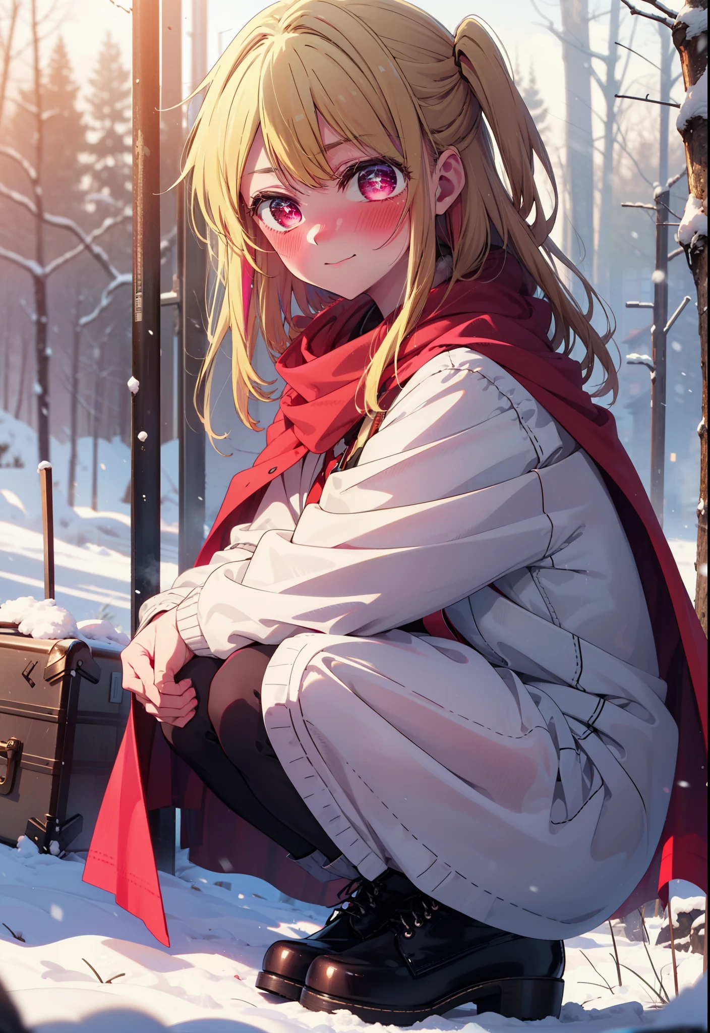 rubyhoshino, Hoshino Ruby, Long Hair, bangs, blonde, (Pink Eyes:1.3), Side Lock, (Symbol-shaped pupil:1.5), Multicolored Hair, Two-tone hair, smile,,smile,blush,white breath,
Open your mouth,snow,Ground bonfire, Outdoor, boots, snowing, From the side, wood, suitcase, Cape, Blurred, , forest, White handbag, nature, Squat, Mouth closed, Cape, winter, Written boundary depth, Black shoes, red Cape break looking at viewer, Upper Body, whole body, break Outdoor, forest, nature, break (masterpiece:1.2), Highest quality, High resolution, unity 8k wallpaper, (shape:0.8), (Beautiful and beautiful eyes:1.6), Highly detailed face, Perfect lighting, Highly detailed CG, (Perfect hands, Perfect Anatomy),