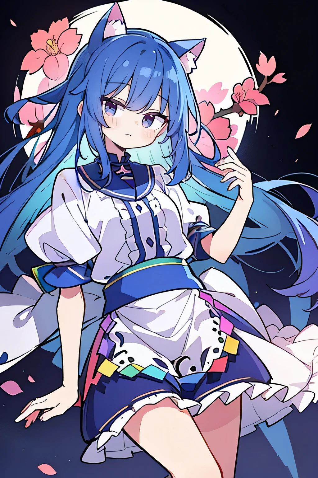 (masterpiece:1.2),Super detailed,lifelike,Expressive eyes,fair skin,perfect face shape,1 girl,
Japanese comics,Gorgeous blue hair,flowing blue hair,flowing clothes,Cat ears,Petals fall,beautiful lola,Baby Angel,
Shaking head with one hand,Cross your legs,,The pavilion is cool and comfortable,smile,back views,sunrise,Petals fall,sunrise