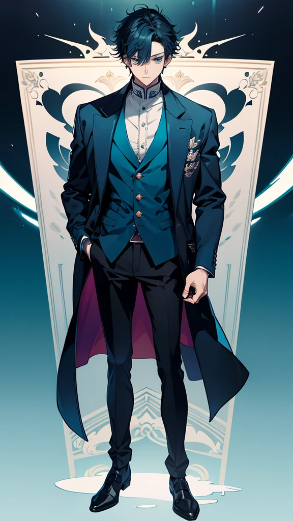 A man wearing a blue jacket and black trousers is standing, Digital rendering inspired by Masanobu Okumura, Topics on pixiv, What it is？, Teal Uniform, Tall anime guy with blue eyes, Blue Uniform, One character&#39;s whole body, Hajime Yatate, As an anime character, Official character art, JK Uniform