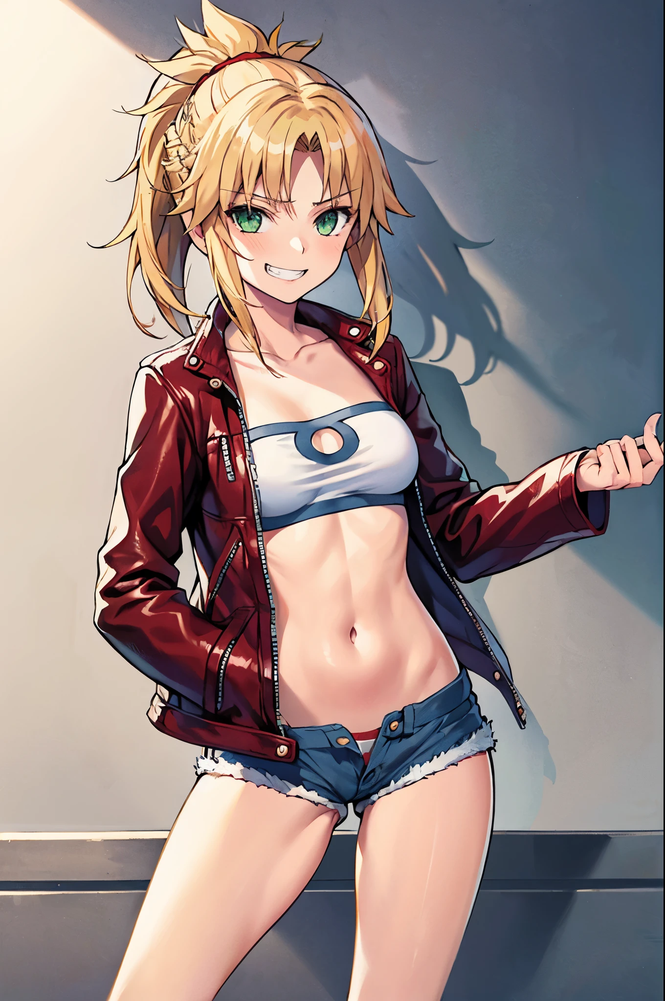 Masterpiece, Best Quality, illustration, city_street_landscape, 1girl, Mordred \(fate\), cowboy shot, collarbone, Detailed blond hair ponytail braid, green eyes, Red leather jacket, White short blouse, denim shorts,navel,thigh-high,grin, covered_pussy,skiny,happy,