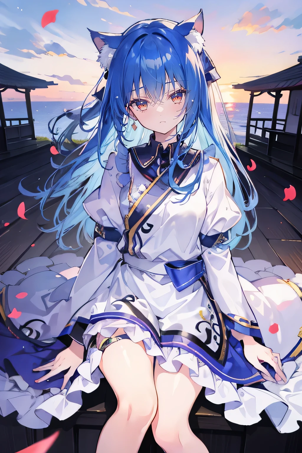 (masterpiece:1.2),Super detailed,lifelike,Expressive eyes,fair skin,perfect face shape,1 girl,
Japanese comics,Gorgeous blue hair,flowing blue hair,flowing clothes,Cat ears,Petals fall,beautiful lola,Baby Angel,
Shaking head with one hand,Cross your legs,,The pavilion is cool and comfortable,smile,back views,sunrise,Petals fall,sunrise