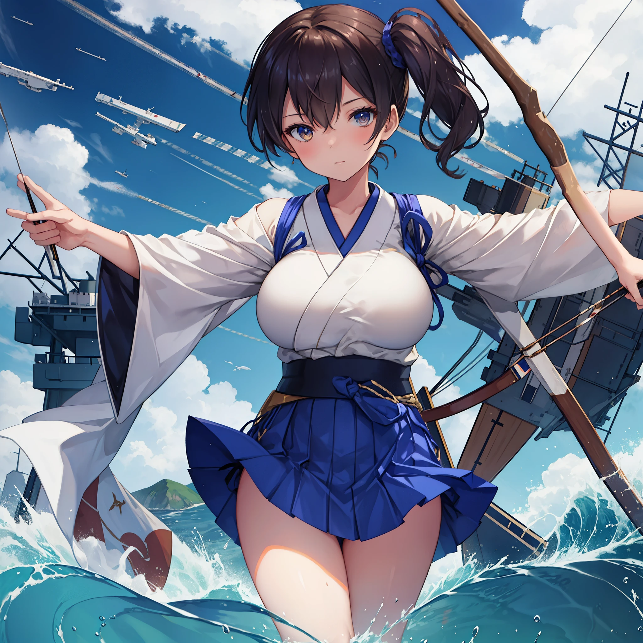 Kaga(Fleet Collection),highest quality, masterpiece, High resolution,kimono,blue skirt,side ponytail,big_breasts,solo,Japanese_bow&arrow,dynamic_posing,half_eyes,solo,plump,sea_landscape_background,waves