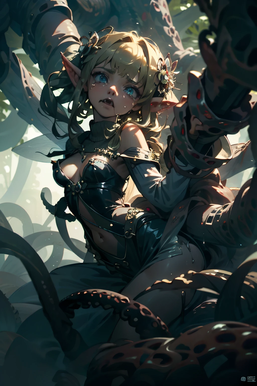 ((best quality)), ((masterpiece)), (detailed), 1 fairy girl, off-shoulder sweater, a fairy, fairy girl, winged pixie girl, girl fairy, various different types of insect wings, small breasts, NSFW，tentacle-like vines, Covered with tentacles, encoiled by tentacles, Tentacles around the body, many tentacles, captured by tentacles, bound by tentacles, trapped by tentacles, Fine details，Tentacled，Tied with tentacles, roaming tentacles, drooling，Crying，horrified expression, panic, fight for survival, helplessness, Detailed body，Full limbs，NSFW, being pulled into a flower, wild environment, jungle, terrifying floral environment, horrific nature, predatory flora, fairy catcher, fairy trapper, fairy catcher plant, tentacle-like vines, fairy trapper-plant, fairy catcher flower, tentacle-like vines, fairy trapper-flower inspired by carnivorous plants; a plant occupying the equivelant evolutionary niche as a spider would 