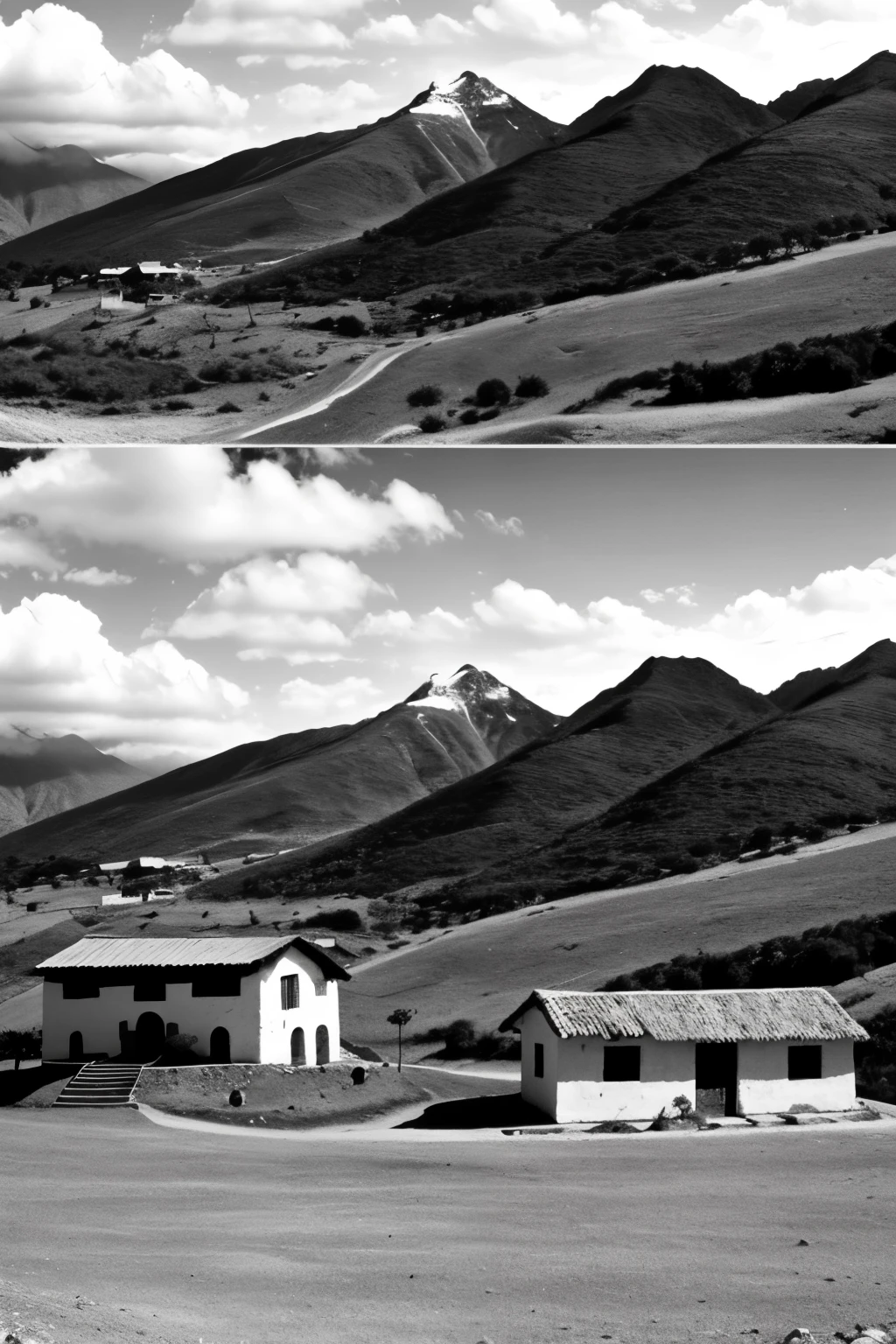 Create a black and white drawing to print and color of an Andean mountain landscape in Venezuela with no more than 8 houses with clay tile roofs, a church, with trees and fences
