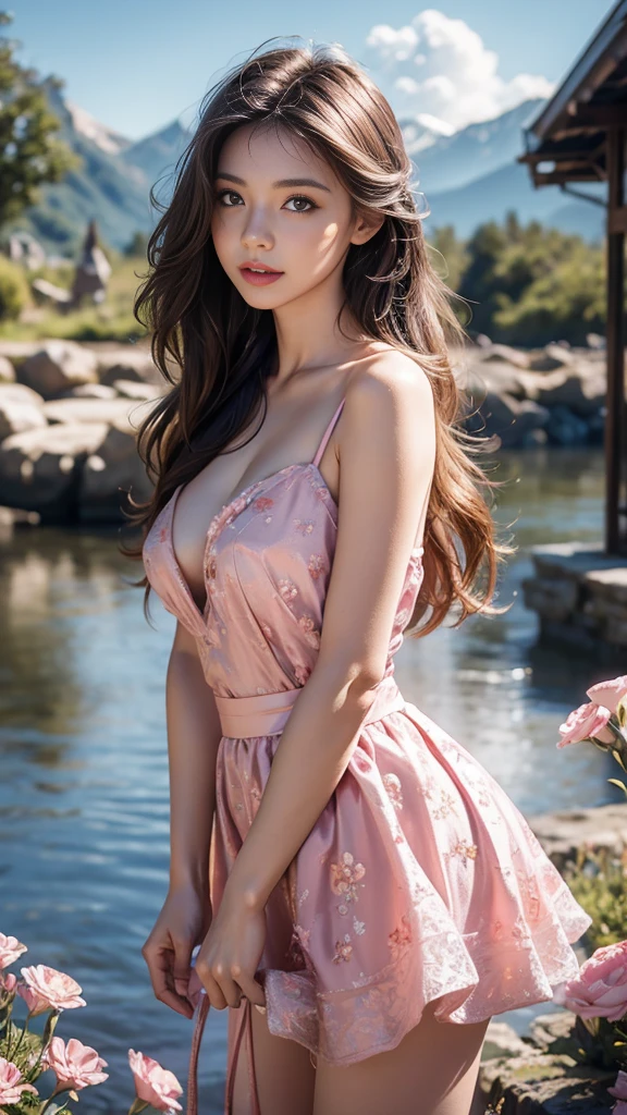 8K, UHD, masterpiece, 1 girl, good face, very long hair, detailed eyes, detailed lips, light makeup, small breasts, fairytale dress, pink dress, lace, stocking, in the cloud, cloudy sky, flowers, water, heaven, flying birds, dim lighting, realistic shadow, bloom, ray tracing, Standing, no clothes, naked, big tits, sexy