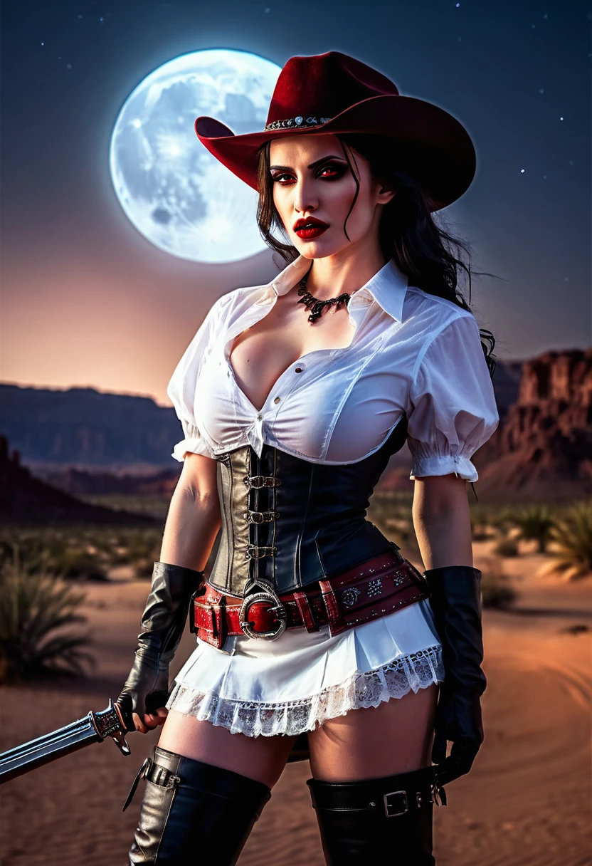 (19th century photograph style: 1.5) picture of a female vampire cowboy in the desert night, a goth beauty, exquisite beautiful female vampire, ((anatomically correct: 1.5), (ultra detailed face: 1.2), best detailed face, red glowing eyes, full body, busty, wearing white bottom shirt, short skirt, dynamic color. wearing (cowboy hat: 1.2), wearing high heeled boots, it is night time in the desert, moon light. moon rays, west America desert canyon background, Hyperrealism style, vibrant, Ultra-high resolution, High Contrast, (masterpiece:1.5), highest quality, Best aesthetics), best details, best quality, highres, ultra wide angle, 16k, [ultra detailed], masterpiece, best quality, (extremely detailed) RAW, chumbasket art style, rpg portrait photograph, BloodSoakedAI