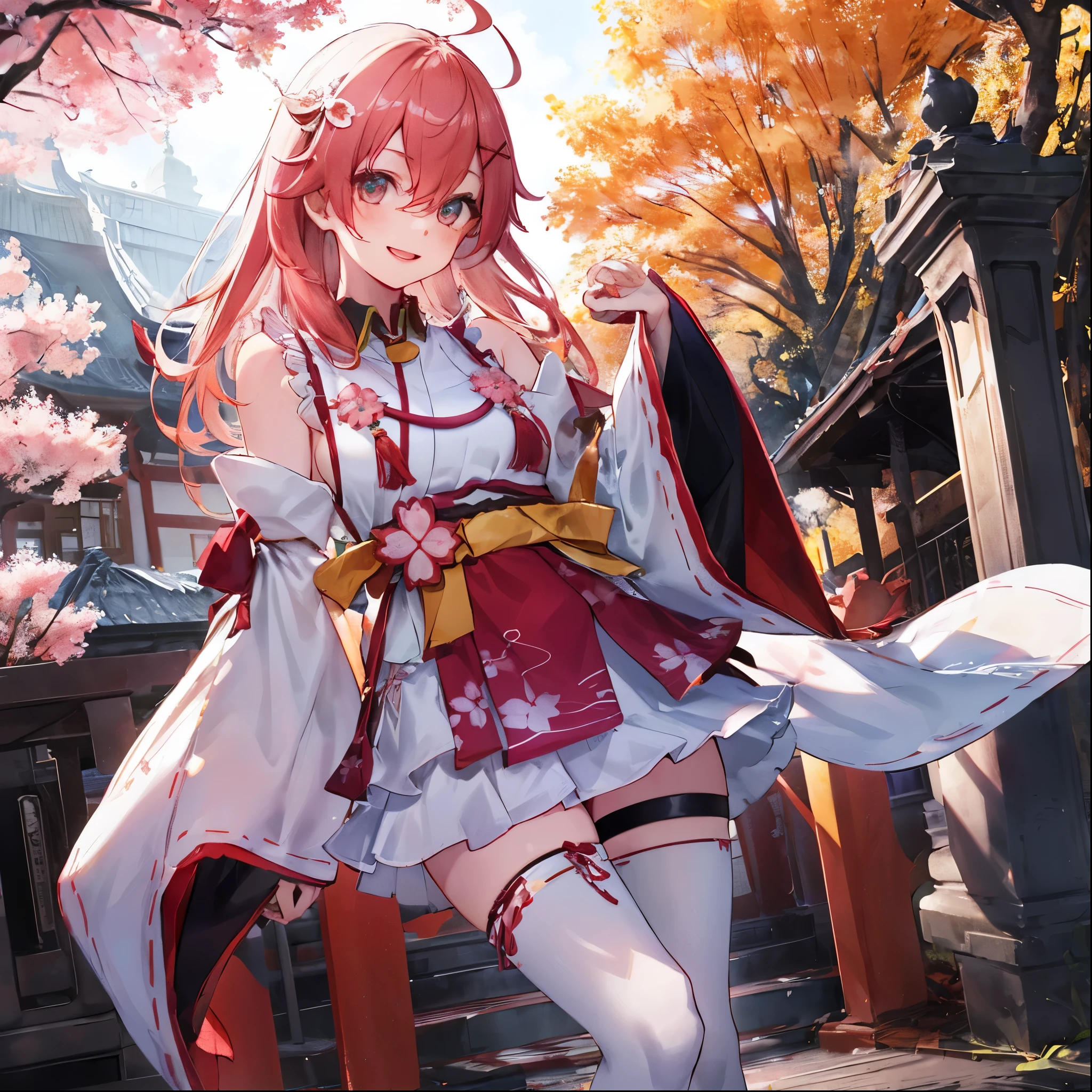 masterpiece, best quality, highres, miko1, sakura_miko, 1girl, big_boobs, solo, ahoge, x_hair_ornament, pink_hair, floral print, hairclip,(side_less_clothes:1.5), (side_boobs:1.5), hair_bell, floral print, long_hair, hair between eyes, one side up, white thighhighs, asymmetrical legwear, wide sleeves, open_mouth,(happy:1.3),gleen_eyes,big_smile,(rise_leg:1.3),plump,apart_legs,(overly_long_sleeves:1.3),),sleeves_past_wrists,hands_hidden_sleeves,sidelock_clothes,dynamic_posing,solo,hidden_wrists,(XD:1.4),covered_nipples,sunlight,cherryblossom_temple_landscape_background,