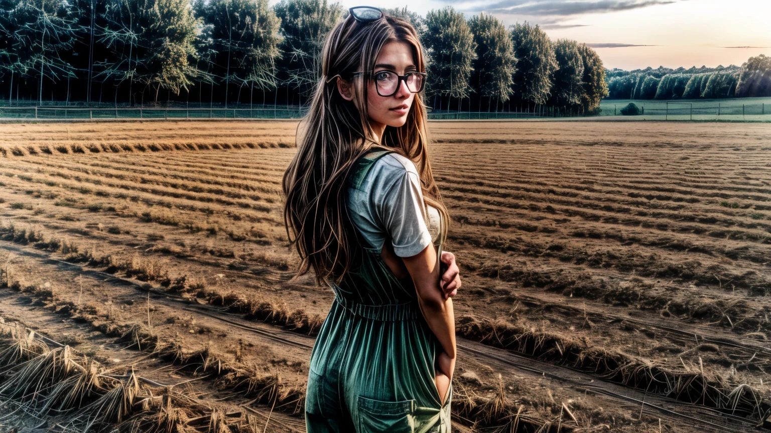 1 girl, Brown hair, (pink highlights on hair:0.8), Farm Girl, sexy farmer jumpsuit, split, round glasses, Glasses, streets, green eyes, One, farm field, standing, hands behind your back