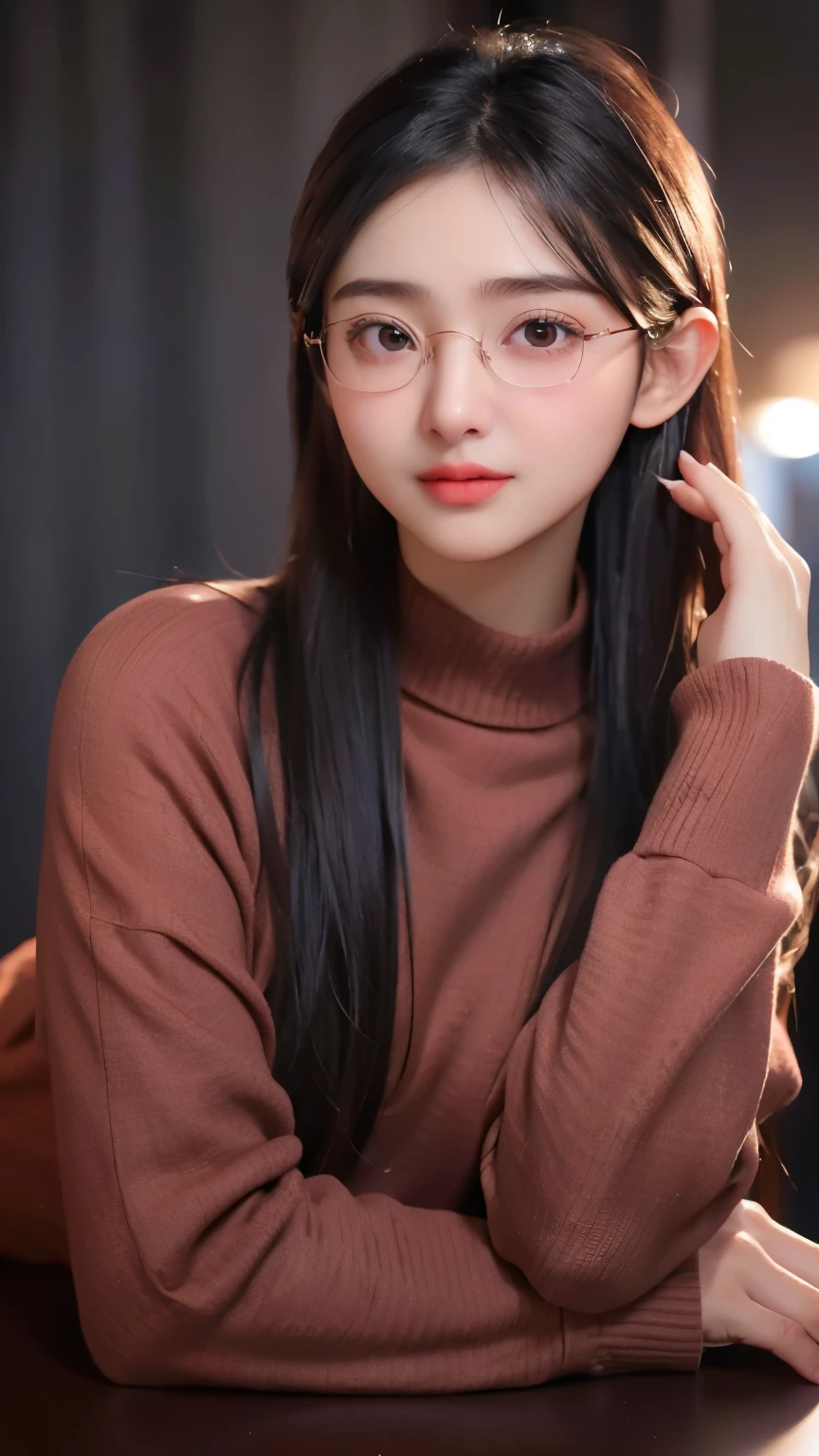 a 20 yo woman,hijab, soft dark red sweater, dark theme, soothing tones, muted colors, high contrast, (natural skin texture, hyperrealism, soft light, sharp), simple background, smile, natural beauty, glossy lips, (((rounded eye glasses)))