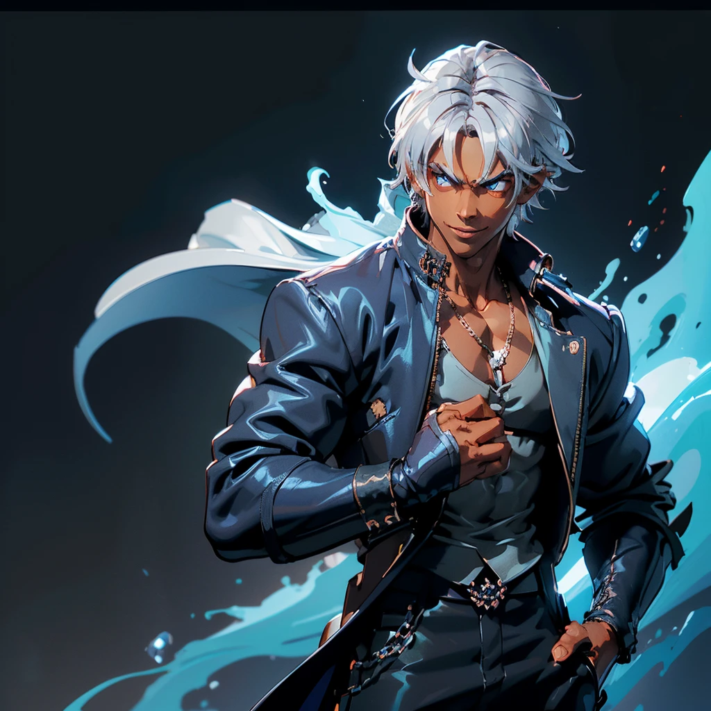 A Dark skinned young anime man, side swept silver hair, fiery light blue eyes, producing blue fire out of his fist, wearing a blue combat trench coat over a black tank top with black slacks and a chain on the hip, steel necklace with a blue dragon pendant around his neck, with sleeves rolled up to his elbows and a cocky smile.