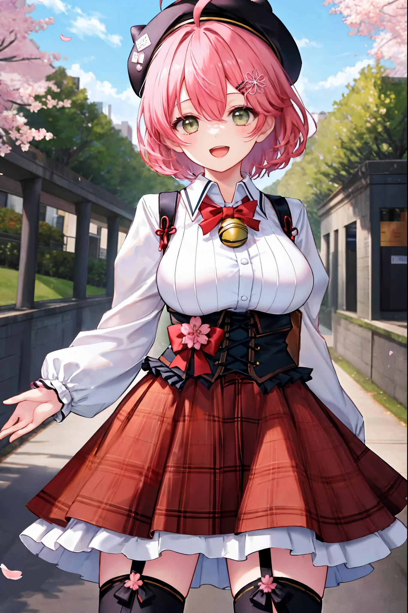 masutepiece, Best_Quality, hight_resolution, miko2,Ponytail, 1girl, Ahoge, black headwear, Hair Ornament, White shirt, black thighhighs, Pink hair, Red_skirt, very_short_skirt, plaid skirts, garter_strap, Collared shirt, hair clips, frilld, Bangs, hair between eye, frills skirt, beret, Pleated skirt, Hair Flower, Neck bell, , puffy long sleeves, Black bow, Underbust, Cowboy Shot,Smile, (large_breasts:1.3),covered_nipples, green_eyes, happy, childlike_posing,spread_legs,(big_smile:1.2),plump,open_mouth,shout,half_eyes,cherryblossom_park_landscape_background,