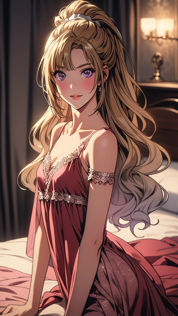 (masterpiece, top quality, best quality, official art, beautiful and aesthetic:1.2), (1girl:1.3), extremely detailed, official artstyle, highest detailed, parted lips,wallpaper, violet eyes, long hair, beautiful blonde hair, ponytail hairstyle, bangs, challenging smile, erotic pose, challenging smile,(cowboy shot), looking at viewers, POV, small breast, white nightgown, nightgown, in bed, bedroom, night vibes, sleeping in bed, bed