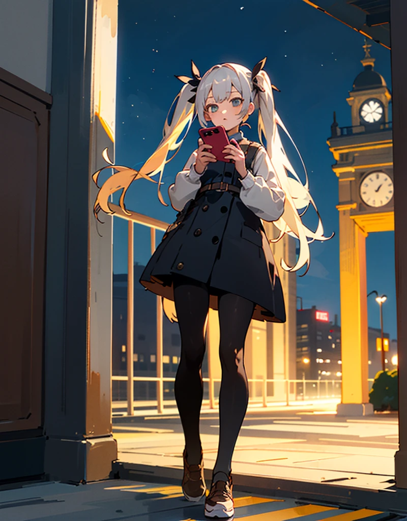 ((Highest quality)), ((masterpiece)), (detailed), girl, Standing,Twin tails,tights,In town,night,Leaning against the wall,Playing with a smartphone