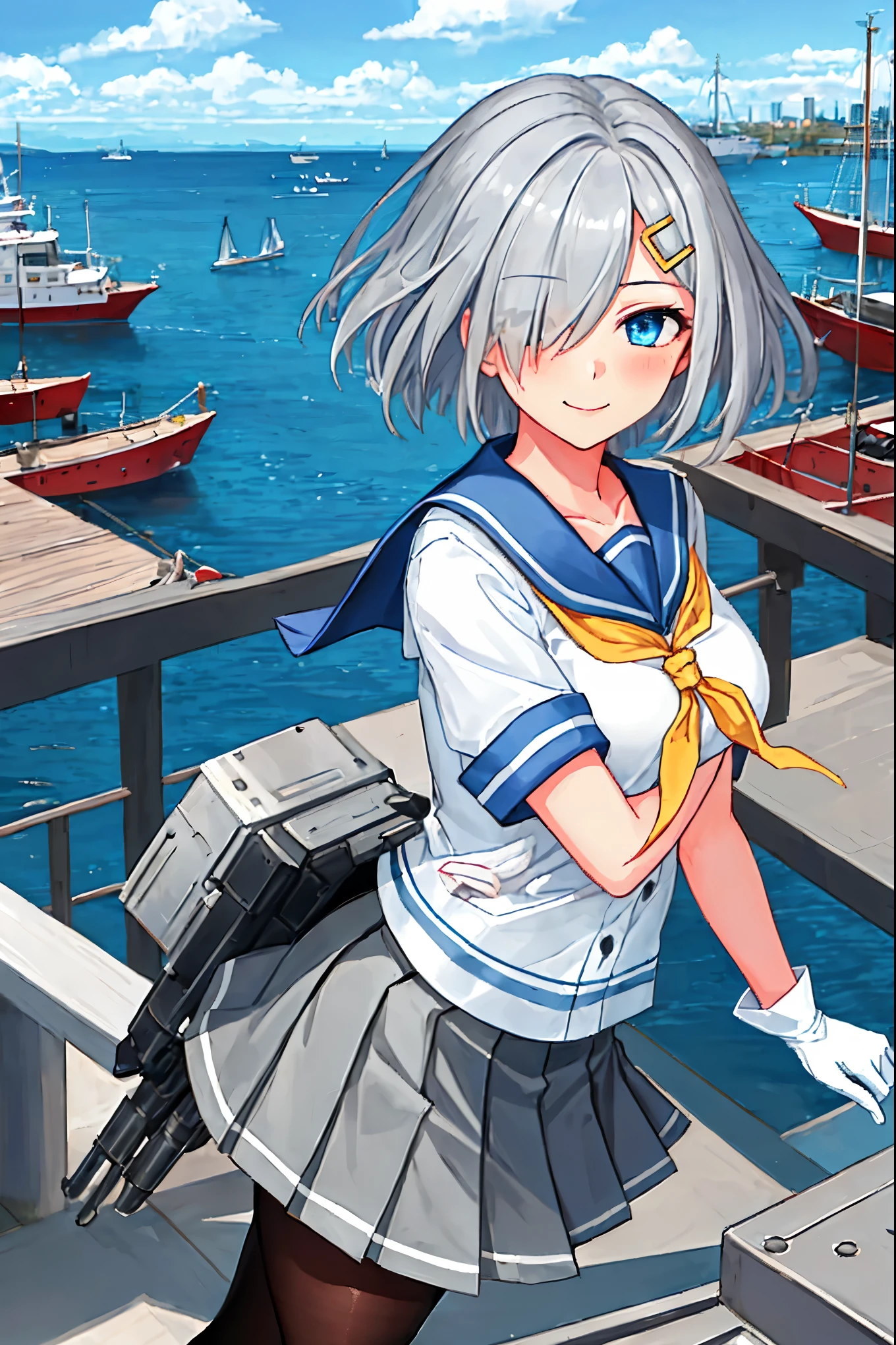 best quality, masterpiece, highres, solo, {hamakaze_kantaicollection:0.90}, 1girl, black_pantyhose, pleated_skirt, serafuku, short_sleeves, simple_background, white_background, yellow_neckerchief, white_gloves, looking_at_viewer, grey_skirt, blush, eyes_visible_through_hair, blue_sailor_collar, dynamic_posing,long_bangs,hair_over_one_eye,harbor_school_landscape_background,outdoor,smile,