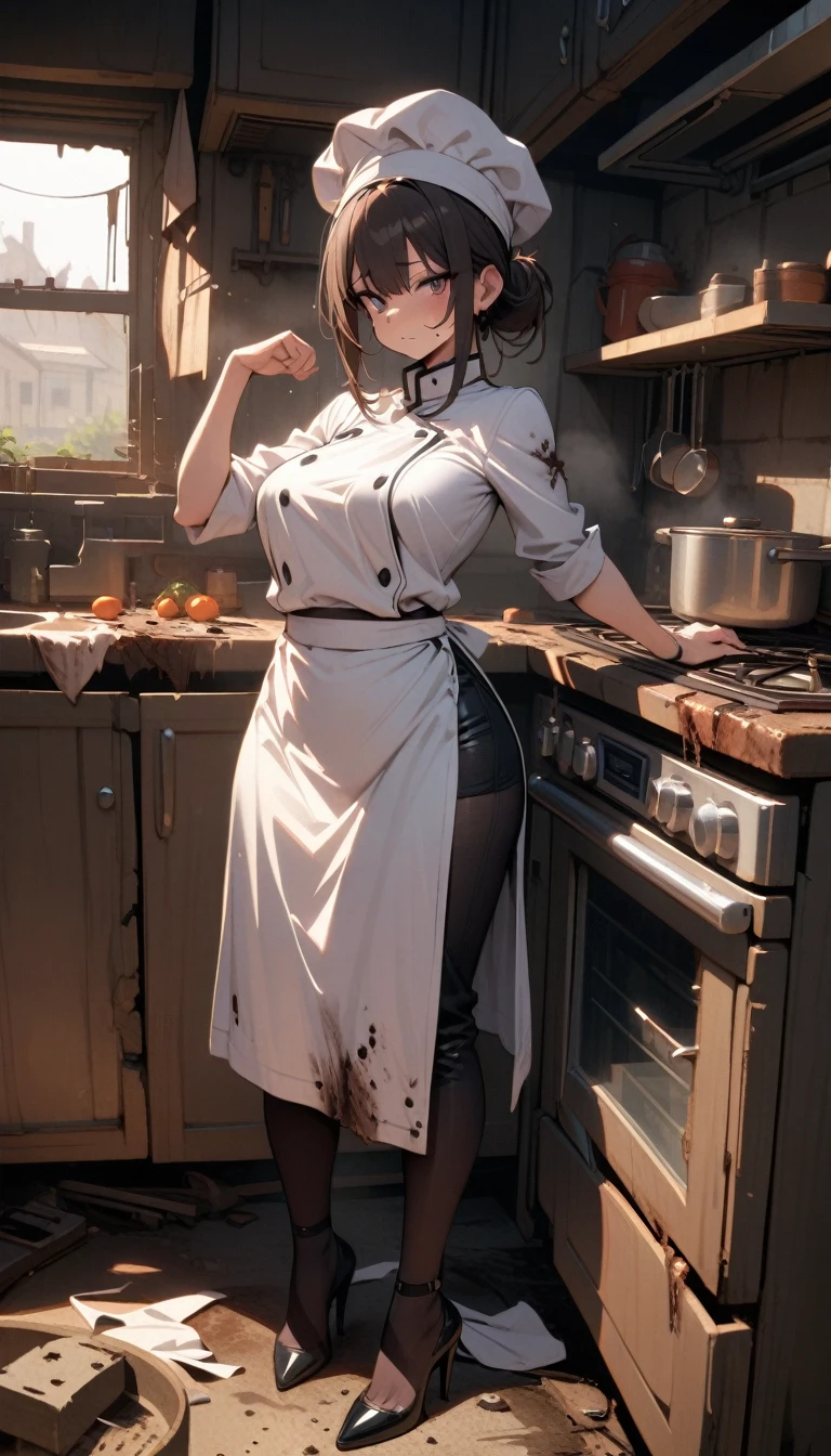 ((best quality)) , ((masterpiece)) , (detailed)，1 female，Rotten kitchen，Female chef，High heel，((whole body))