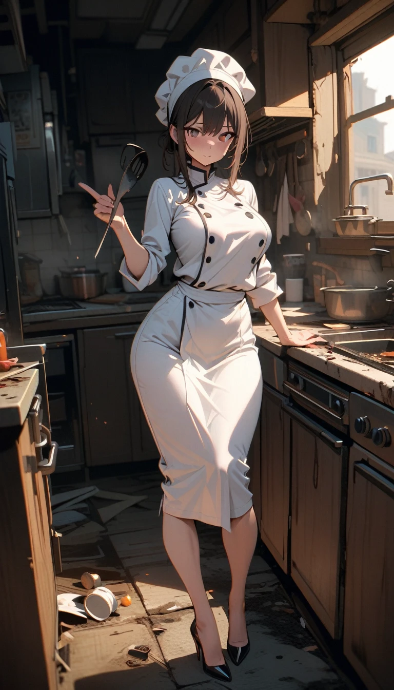 from front view, honey lactation, (dripping honey into bowl), leaning forward over bowl,Standing, 1girls, Solo, sexypose, pinup, maid, kitchen, wearing white apron, voluptuous woman, small waist, thick thighs, gigant breasts:1.4,