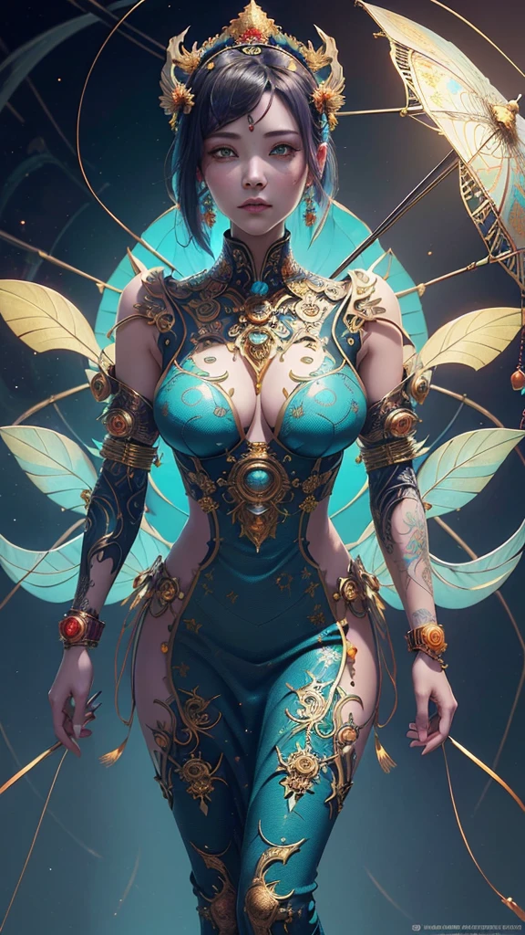 (High-resolution, ultra-realistic 3D render, Unreal Engine 5, intricate details, vibrant colors, stunning visual effects)(Inspired by a fusion of cyberpunk and traditional Asian art, with influences from Ghost in the Shell and Ukiyo-e prints)(Portrait of a mesmerizingly beautiful woman, adorned with red jewelry and a regal crown, standing gracefully under a transparent parasol, her expression serene and ethereal)(Color palette: turquoise and amber, contrasting yet harmonious, enhancing the overall composition)(Dynamic lighting, soft glow, subtle shadows, glitch effects interspersed throughout, creating a surreal and futuristic atmosphere)