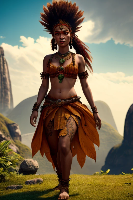 Curupira, is a legend of Brazilian folklore, has fiery hair, wears a leaf skirt typical of primitive indigenous people,  ultra detailed, cinematic, 8k 