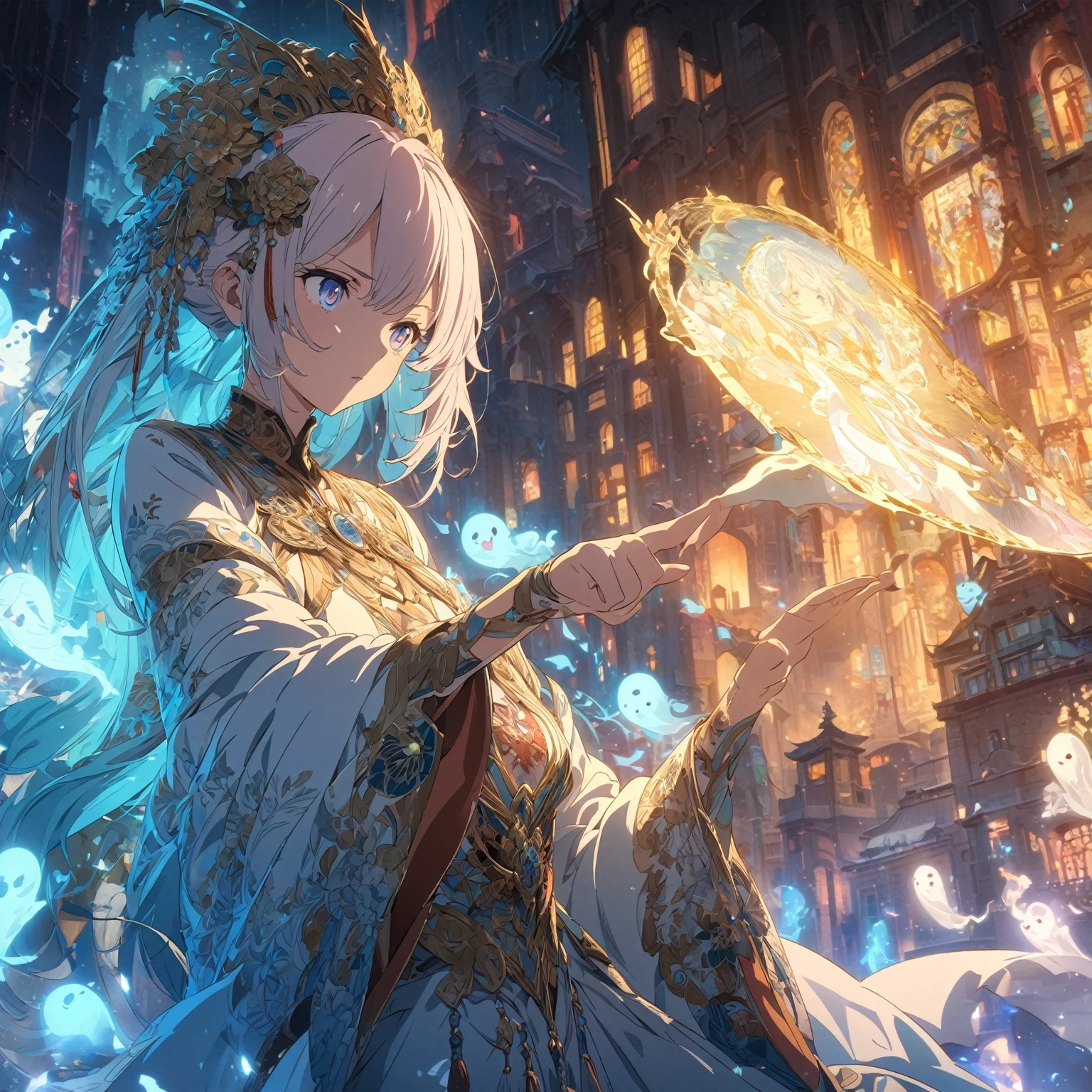 A girl with light-colored hair adorned with flowers and traditional accessories. She is wearing an intricate outfit with detailed embroidery and multiple layers. The character is extending one arm forward, interacting with a semi-transparent ghostly figure that seems to be responding to her gesture. Surrounding her are floating orbs of various sizes emitting a soft glow, enhancing the mystical atmosphere. The background features an illuminated street at dusk or night, lined with buildings that have lit windows and traditional architecture. The ability to manipulate ghosts is suggested by her interaction with the ghostly figure, detailed gorgeous face| anime style| key visual| intricate detail| highly detailed| breathtaking| vibrant| panoramic| cinematic| Carne Griffiths| Conrad Roset| gibbli 8k.