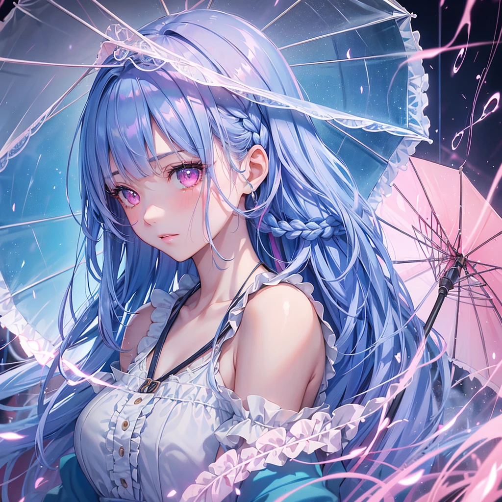 Sky Blue Medium Hair, (Braided Hair),(Pink Eyes),Fair skin ,(whole body),(1 girl)rain,梅rain、umbrella、Straight bangs,(masterpiece, Highest quality, Very detailed, Best Shadow), (Detailed Background), (Beautifully detailed face), High Contrast, (Best lighting, Very delicate and beautiful), ((Cinematic Light)), colorful, Hyper Detail, Dramatic Light, Intricate details,