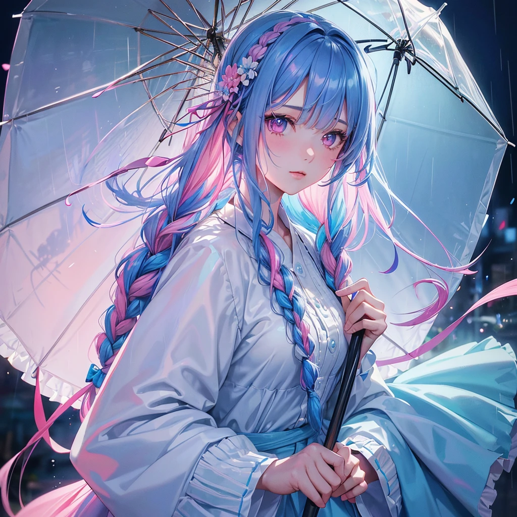 Sky Blue Medium Hair, (Braided Hair),(Pink Eyes),Fair skin ,(whole body),(1 girl)rain,梅rain、umbrella、Straight bangs,(masterpiece, Highest quality, Very detailed, Best Shadow), (Detailed Background), (Beautifully detailed face), High Contrast, (Best lighting, Very delicate and beautiful), ((Cinematic Light)), colorful, Hyper Detail, Dramatic Light, Intricate details,
