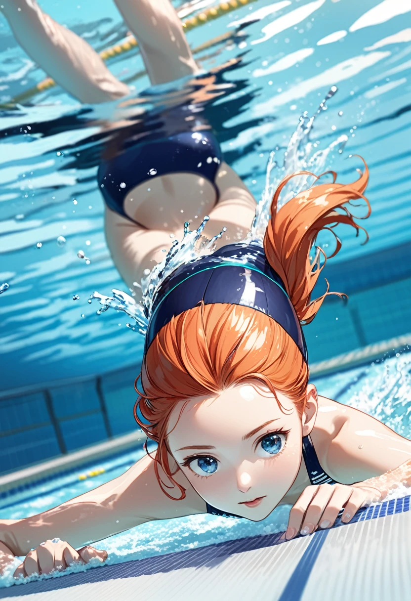 detailed illustration, dynamic angle, ultra-detailed, illustration, 1girl, dark blue swimsuit, thin swimsuit, white jacket, medium breasts, laying in snow, long red orange hair, pony tail, light blue eyes, bright eyes, swimming pool, swimming, racing, swim lanes, competitive swimming, splashes