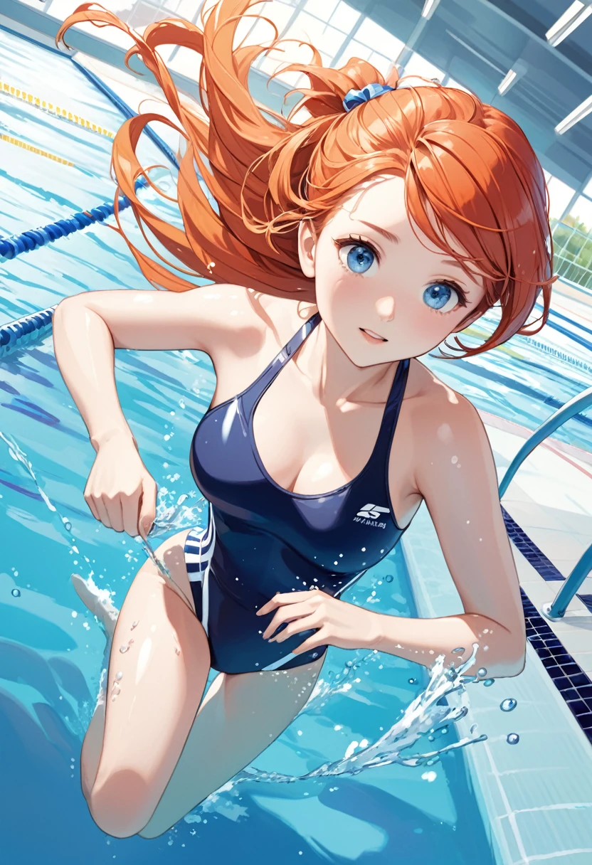 detailed illustration, dynamic angle, ultra-detailed, illustration, 1girl, dark blue swimsuit, thin swimsuit, white jacket, medium breasts, laying in snow, long red orange hair, pony tail, light blue eyes, bright eyes, swimming pool, swimming, racing, swim lanes, competitive swimming, splashes