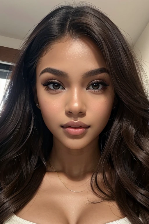 masterpiece, best quality, 1 girl, solo, beautiful African and Asian mixed 19 year old, brown skin female, long, frizzy, curly dark hair, perfect face, long hair detailed and perfect face, thick lips, perfect detailed eyes, sultry look, detailed face!, close up at face, detailed flawless face, sexy face with full makeup, big eyes and lips, close up of face, bedroom eyes, neck zoomed in from lips down
