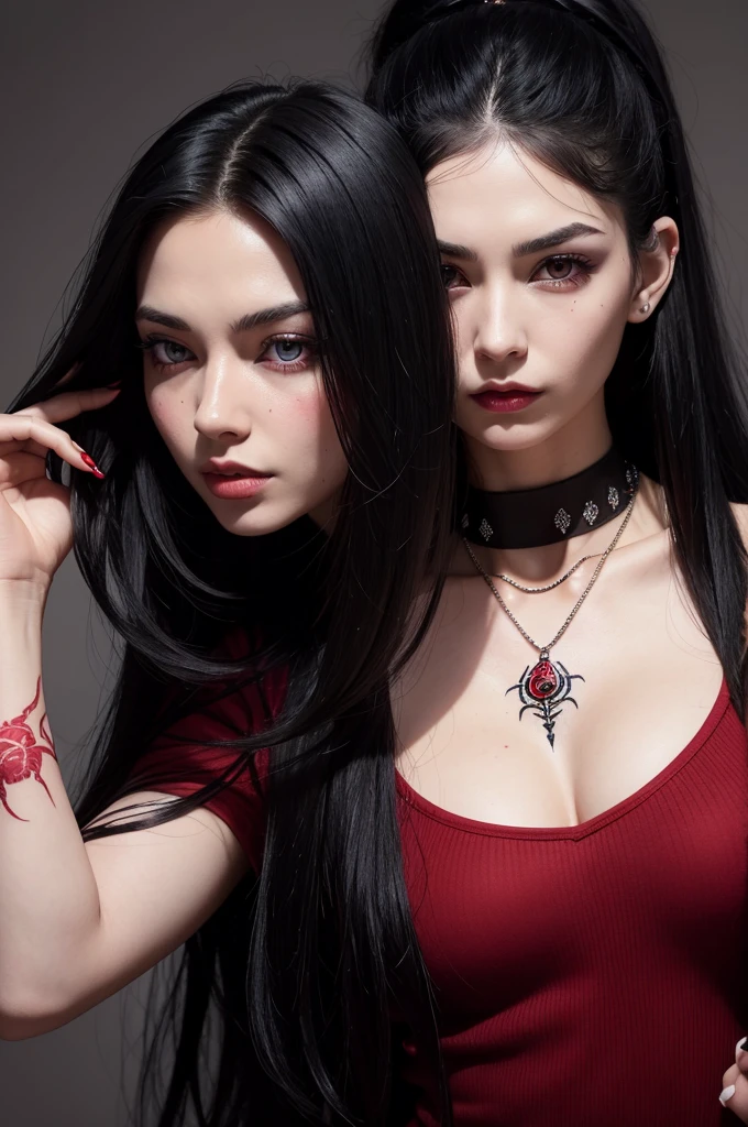 25-year-old white woman with long black hair and large purple eyes, with spider tattoos on her neck in a red and black outfit, common septum piercing and a large scar on the eyebrow and with a black stone necklace around the neck, without any tattoos on the face
