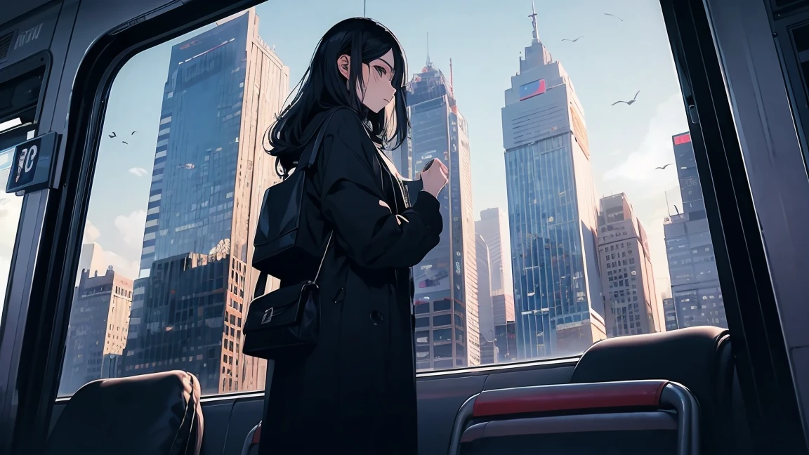 A woman stands on a strap in a train, with skyscrapers visible from the train window.