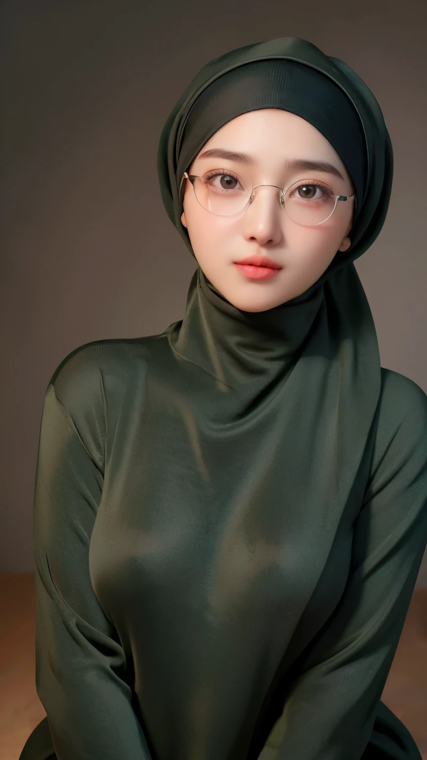 a 20 yo woman,((hijab)), soft dark green sweater, dark theme, soothing tones, muted colors, high contrast, (natural skin texture, hyperrealism, soft light, sharp), simple background, smile, natural beauty, glossy lips, (((perfect rounded eye glasses)))