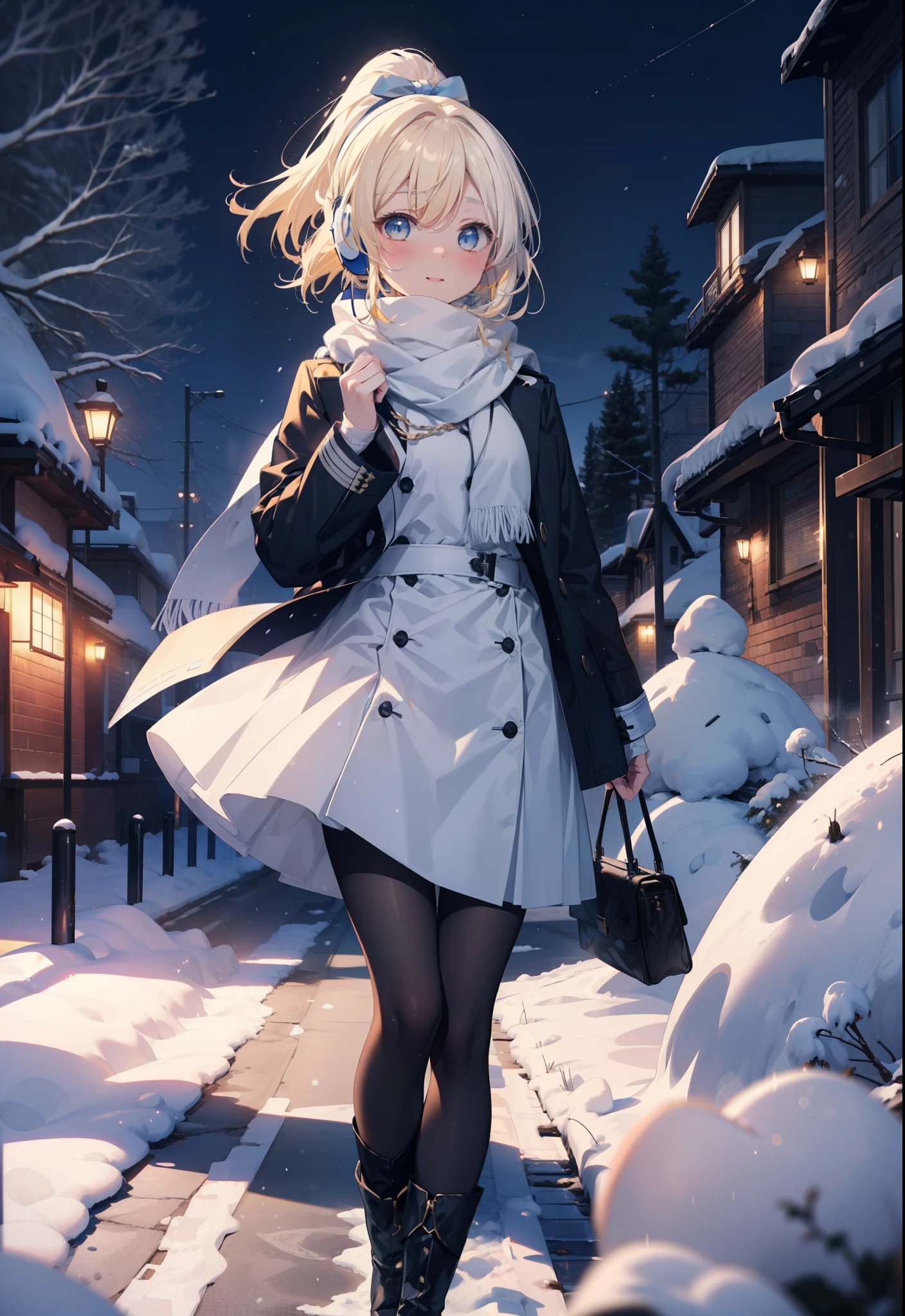 Eliase, catalyst, Yellow Hair, blue eyes, Hair Ribbon,ponytail,Earmuffs,smile,blush,Open your mouth,White Breath,White scarf,Light blue long coat,White long skirt,Black pantyhose,short boots,Walking,snowが降っている,snowが積もっている,snow,snow,snow,night,whole bodyがイラストに入るように,
break looking at viewer,whole body,
break outdoors,Residential Street,
break (masterpiece:1.2), Highest quality, High resolution, unity 8k wallpaper, (figure:0.8), (Beautiful attention to detail:1.6), Highly detailed face, Perfect lighting, Highly detailed CG, (Perfect hands, Perfect Anatomy),