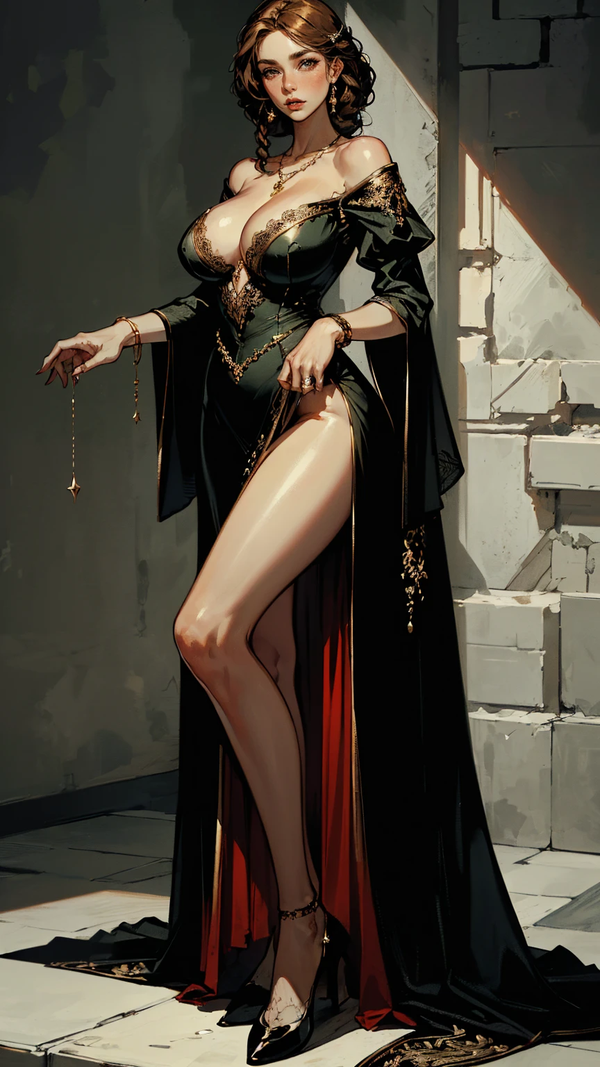 ((ultra-detailed, photorealistic, best quality, highres, masterpiece:1.3)), a beautiful female courtesan in the medieval period, exuding grace and allure, She has long, flowing auburn hair adorned with delicate braids and bejeweled hairpins, Her captivating green eyes and flawless complexion add to her charm, She's dressed in a revealing gown made of rich velvet and brocade, featuring intricate embroidery and lace trim, with a plunging neckline and fitted bodice that accentuates her elegant figure, The gown has long, flowing sleeves and a high slit in the floor-length skirt, Around her neck, she wears a delicate gold necklace with a pendant, and her wrists are adorned with ornate bracelets, She carries a silk fan and wears soft leather shoes, Her demeanor is poised and confident, with a hint of mystery and allure, ((medieval era stone castle background)), (dim light ambient), ((intricate detail, super finely detailed hands, ultra finely detailed fingers, full body showcase, show full body)),